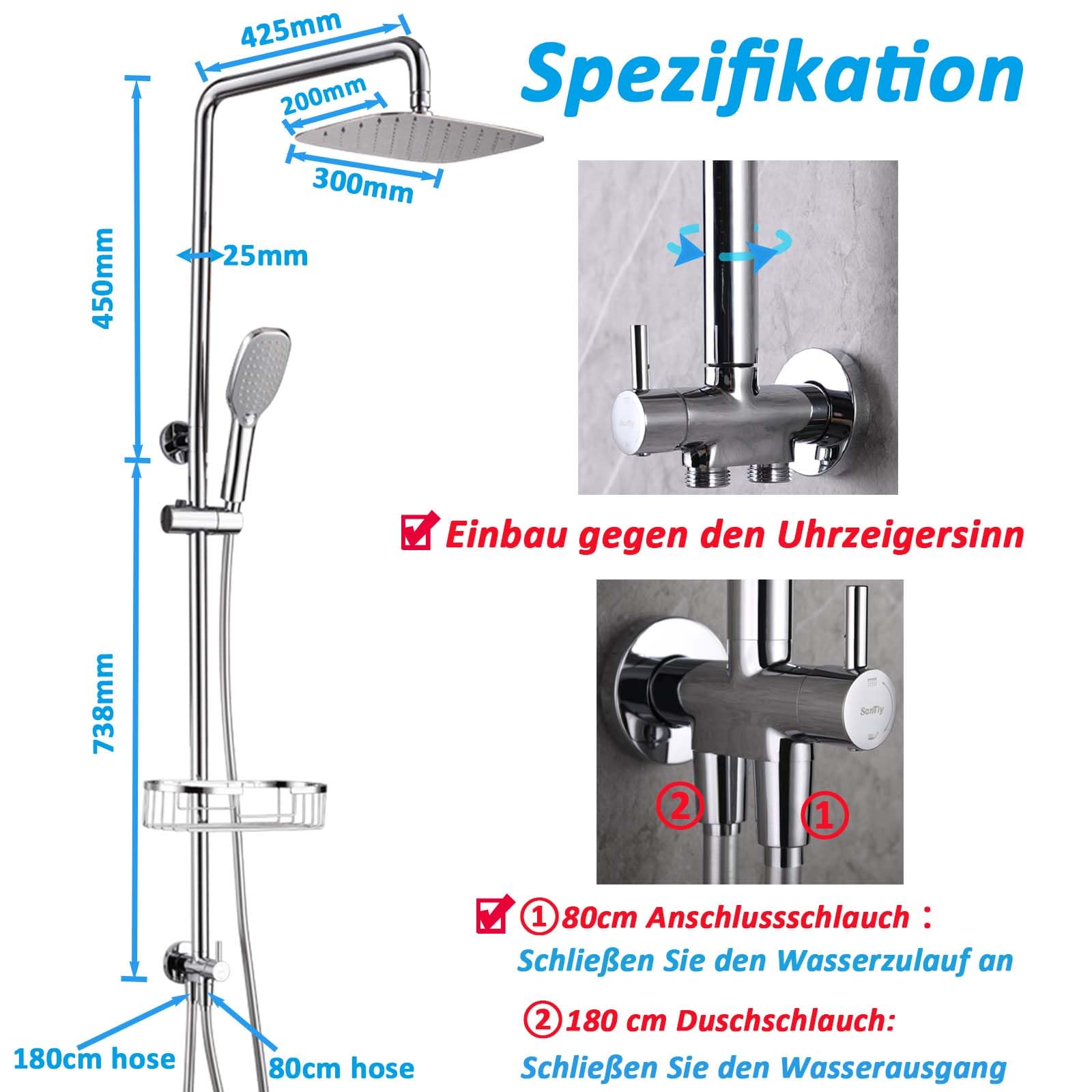 SonTiy Regenduschsystem – 8 Zoll Duschkopf, Handbrause 5 Modi, Höhenverstellbare Schiene, 180 Cm Schlauch, Messing-Umsteller