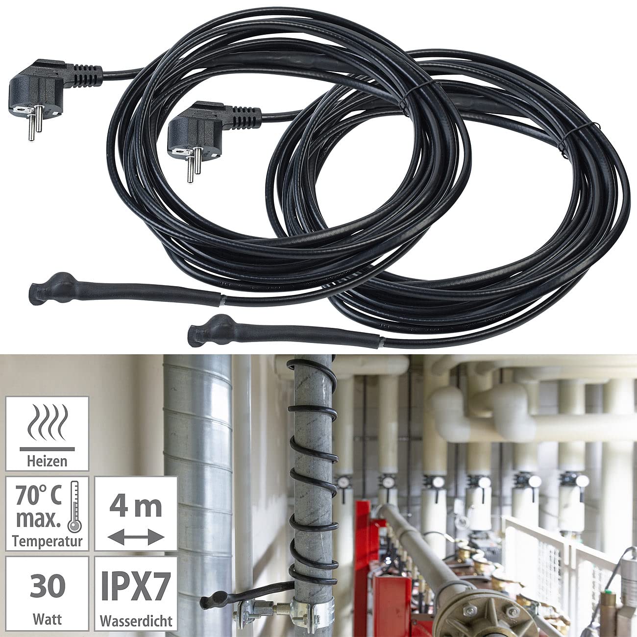 Royal Gardineer Rohrheizung: 2er-Set Frostschutzkabel mit Thermostat, 4 m Heizkabel, 60 Watt, IPX7 (Heizkabel Frostschutz Pflanzen, 230V, Eis)