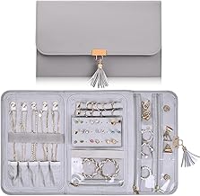 Travel Jewellery Pouch, 28 x 17.5 cm, Jewellery Box, Waterproof Leather Jewellery Organizer, 2 Ring Buckles, 1 Earring Panel, 5 Necklace Buckles, 6 Pockets, 1 Zipper Pocket