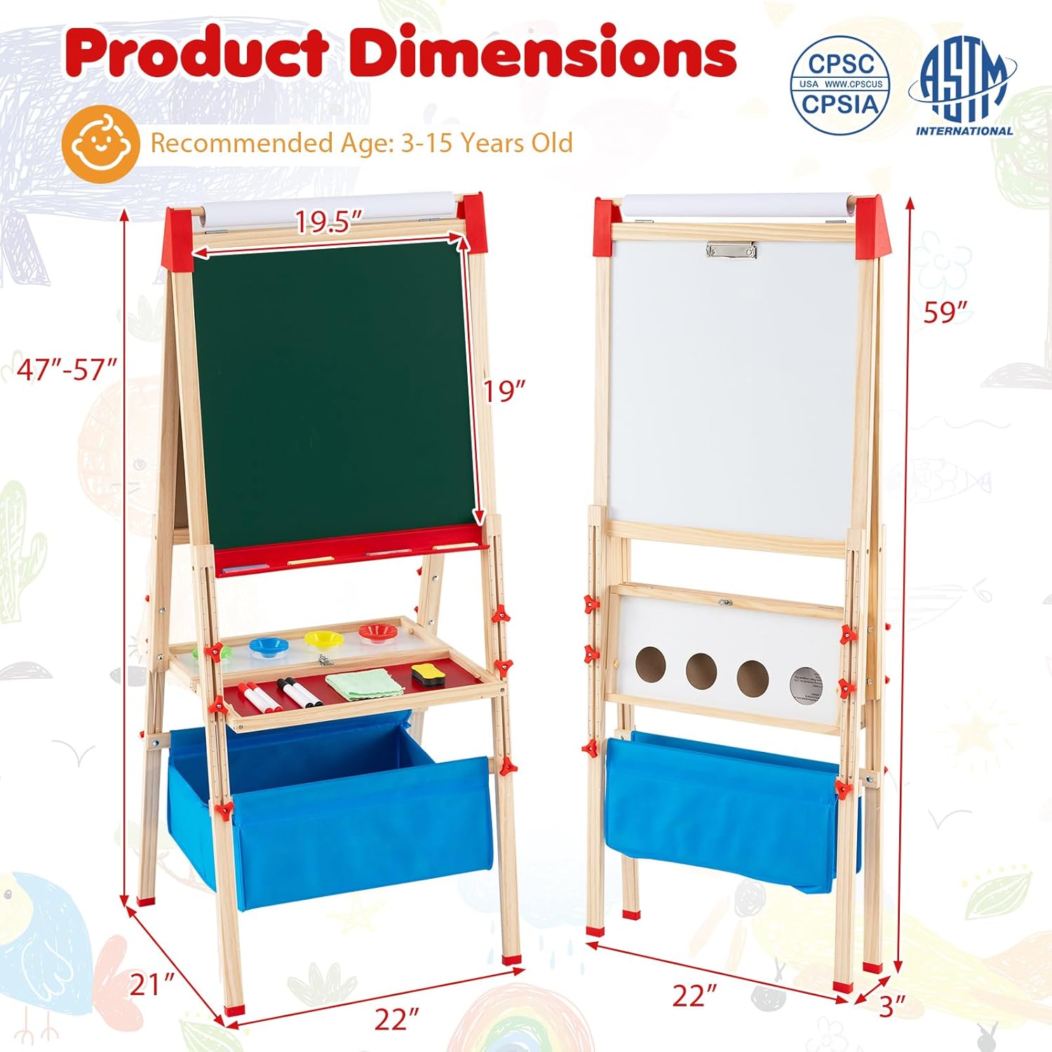 HONEY JOY Art Easel for Kids, Wooden Height Adjustable Folding Double-Sided Toddler Easel w/Magnetic Chalkboard & Whiteboard, Paper Roll, 60+ Accessories, Magnetic Letters, Kids Easel for Boys Girls