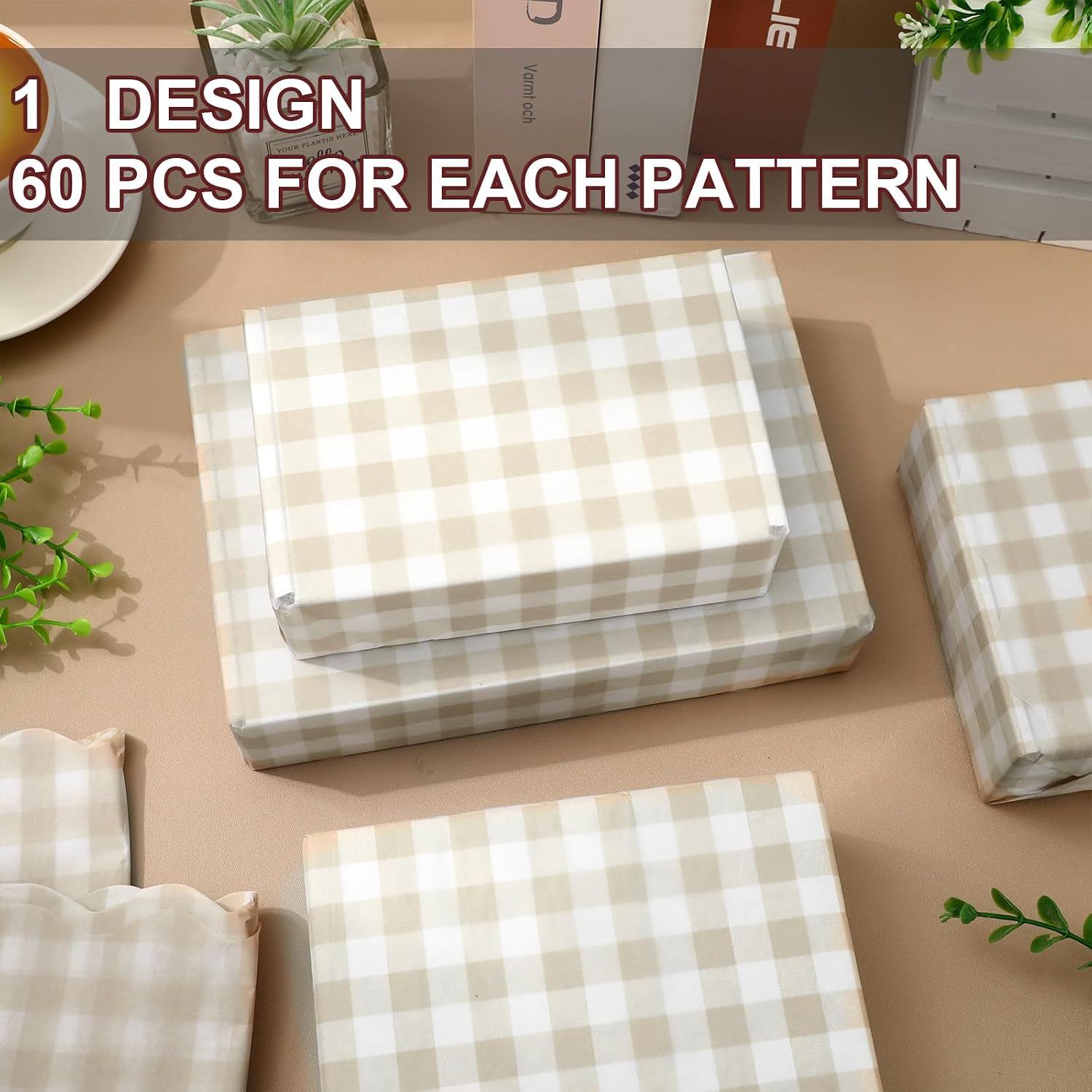 JarThenaAMCS 60 Sheets Gingham Tissue Paper with Scalloped Edge Beige Plaid Gift Wrapping Paper Decorative Art Tissue for DIY Crafts Wedding Birthday Baby Shower Party, 14 x 20 Inch
