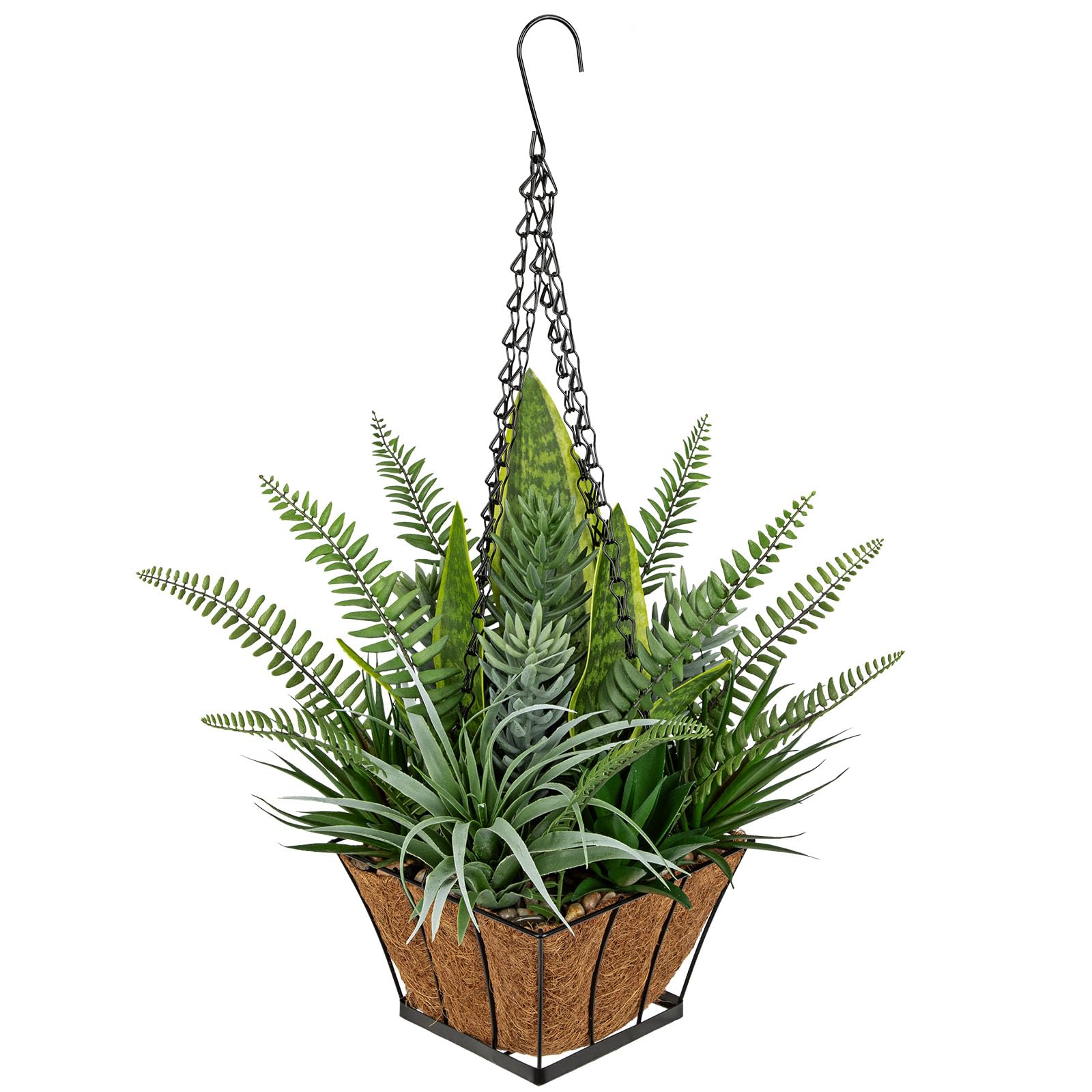 Plantas colgantes artificiales en cesta de 55 cm, plantas de serpiente sintética, mezcla de suculentas con forro de fibra de coco, maceta de metal, planta colgante falsa para interiores y