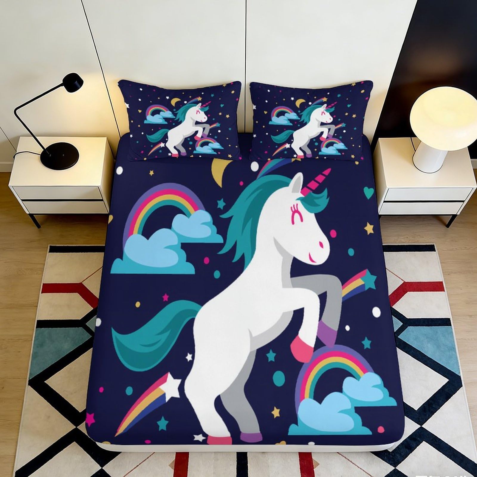 3D Printed Unicorn Rainbow Fitted Sheet Microfiber Anti-Slip Mattress Cover Navy Cartoon Stars Clouds for Bedroom Dorm Decor 120x200x25cm