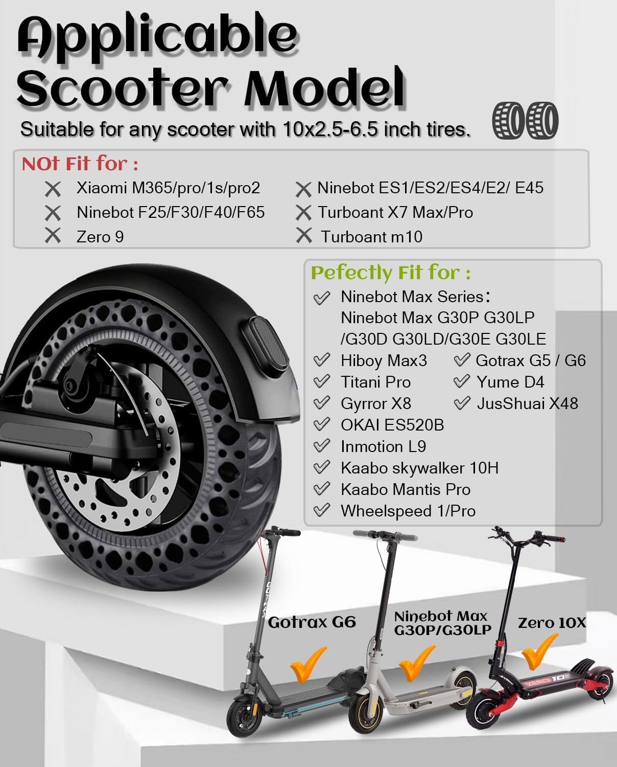 10 Inch Solid Tire 10x2.5 60/70-6.5 Tubeless Tyre Fit for Segway Ninebot Max G30P G30LP/Gotrax G5 G6/Zero10x /Titan Pro Electric Scooter and other, Plosion-Proof Honeycomb Anti-Skid Tire
