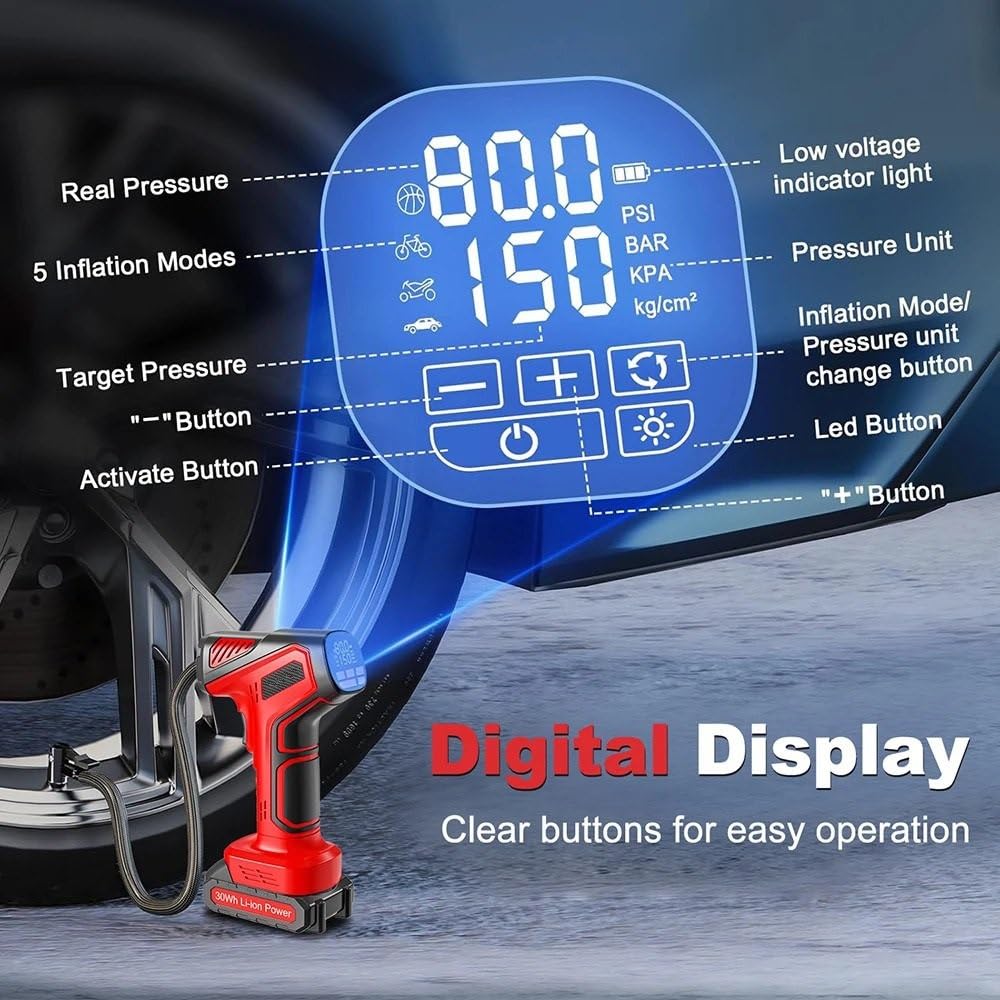 Inflador Ruedas Coche Bomba de neumáticos portátil inalámbrica, Bomba de Aire para Coche de 160PSI, Pantalla Digital para Bicicletas y Motores SUV Compresores de Aire portátiles