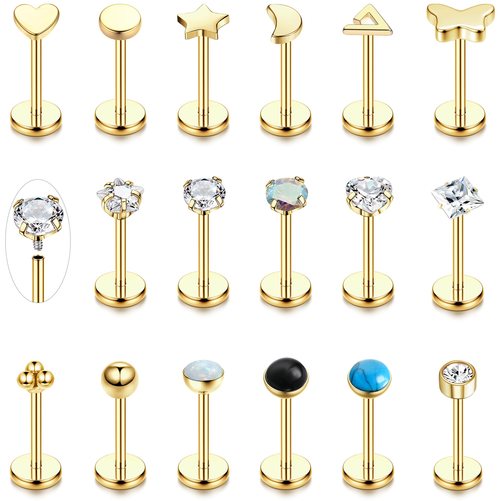 HHRFCS 16G Piercing Helix Biżuteria Gwintowany wkręt do nosa Labret Szpilki Kolczyk w nosie Kolczyki z płaskim tyłem Stal chirurgiczna Helix Hoop Muszla Daith Lip Piercing Tragus Srebrne Złoto
