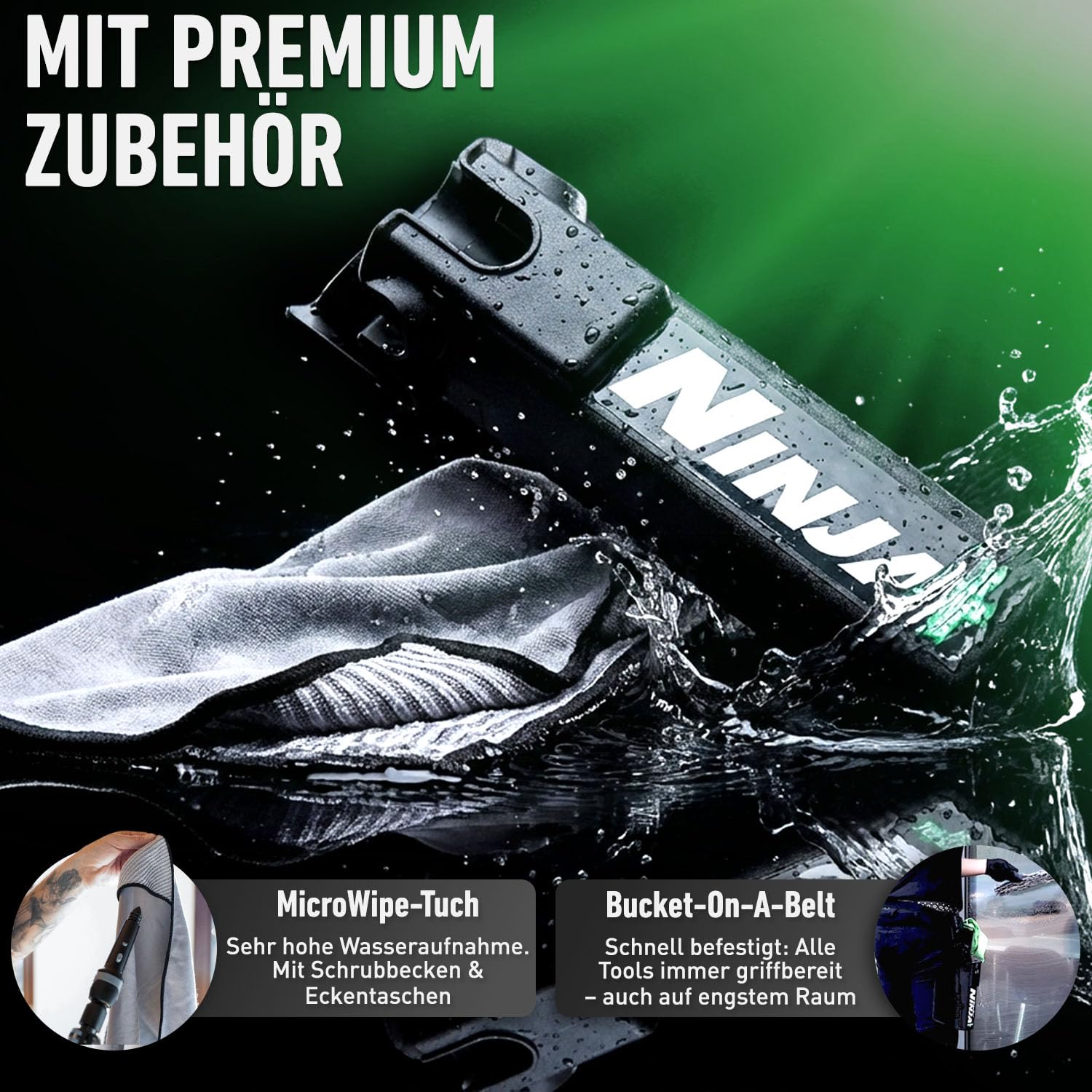 UNGER Ninja Profi Fensterreiniger 4in1 Advanced Kit – Premium Fensterputzer Set mit Profi Fensterabzieher, Fensterwischer, Mikrofasertuch und Bucket-on-a-Belt für professionelle Glasreinigung