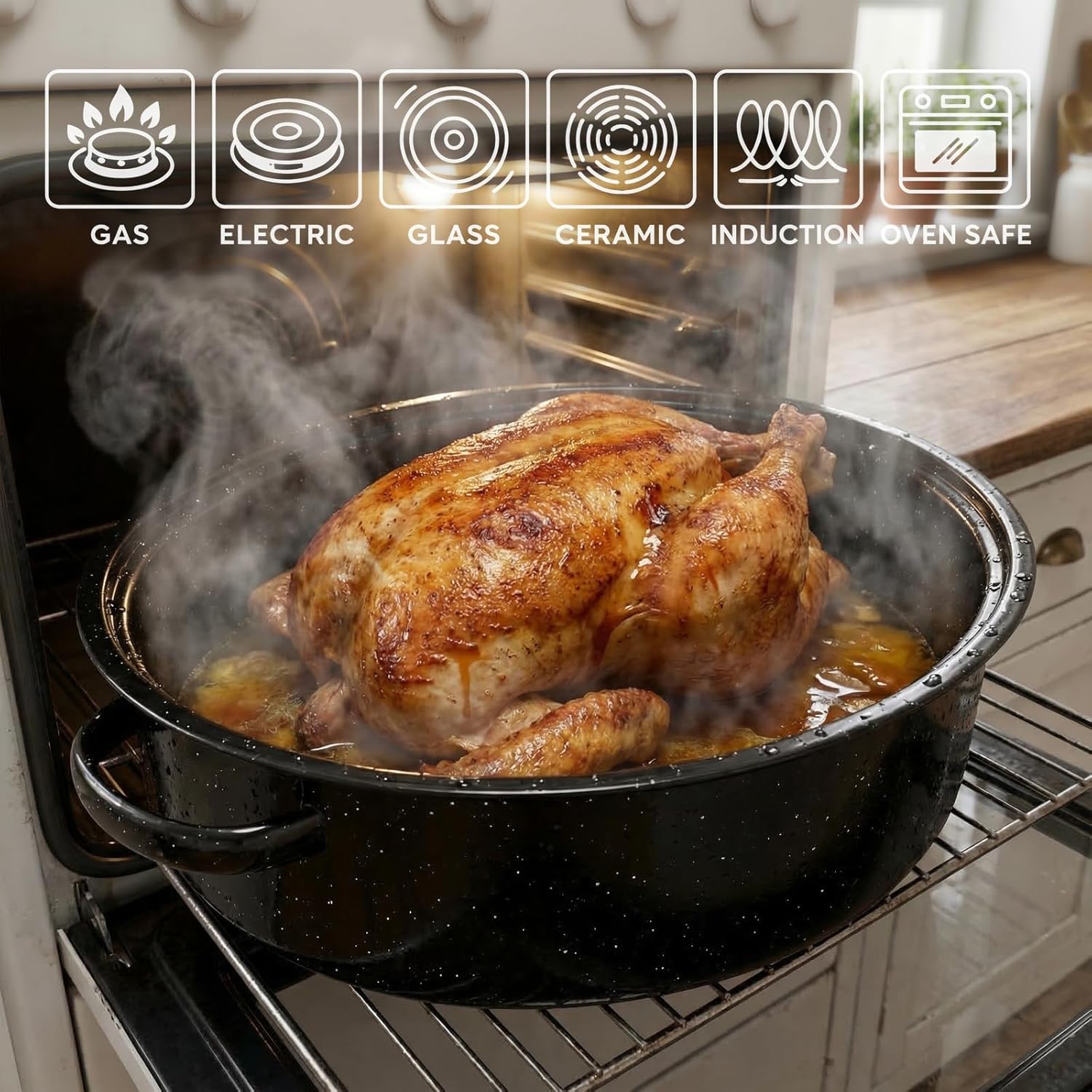 Enamel Roaster Pan With Lid and Rack Set 13"19"Granite Roasting Pans, Oval Large Turkey Baking Pan Suitable for Cooking 20lb Poultry and Beef High Temperature Resistance Oven Cookware