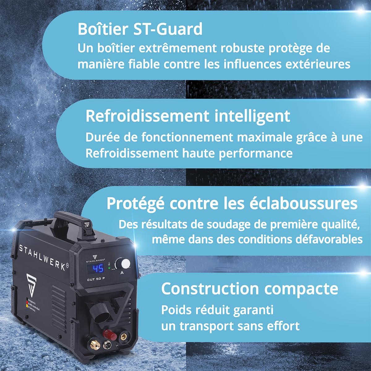 STAHLWERK Découpeur plasma CUT 50 P – Poste de découpe plasma de 15 à 45 A, capacité de coupe jusqu'à 15 mm, Plasma Cutter avec amorçage pilote HF, Smart Cooling, avec de nombreux accessoires