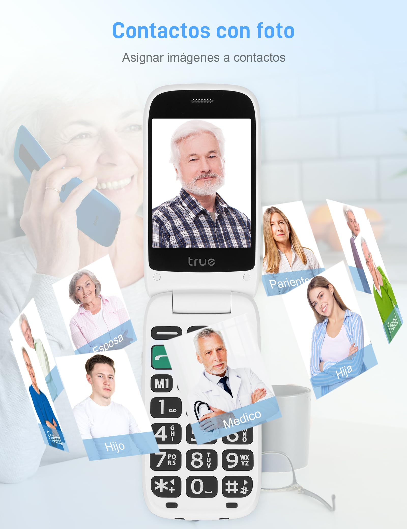 TRUE S70 Teléfono Móvil para Mayores con Tapa 2G, Pantalla de 2,8", Volumen Alto, Teclas Grandes, Alarma de Caída, Botón SOS, Cámara, Podómetro, Estación de Carga, Azul Estrellado | Sensor de caída