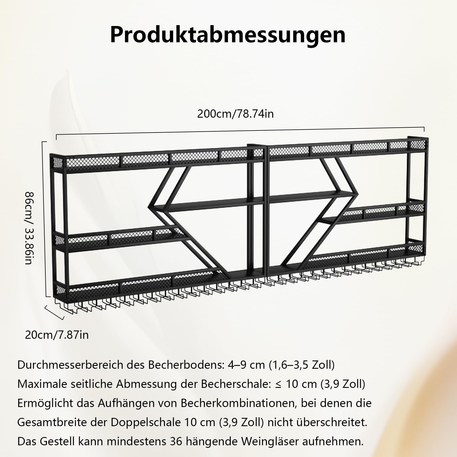 Metall Weinregal zur Wandmontage mit LED-Beleuchtung und modularen Weinflaschenhaltern, inklusive Gläserhalter, multifunktionaler Präsentationsregal für Zuhause/Bar/Küche (schwarz, 2 Meter)