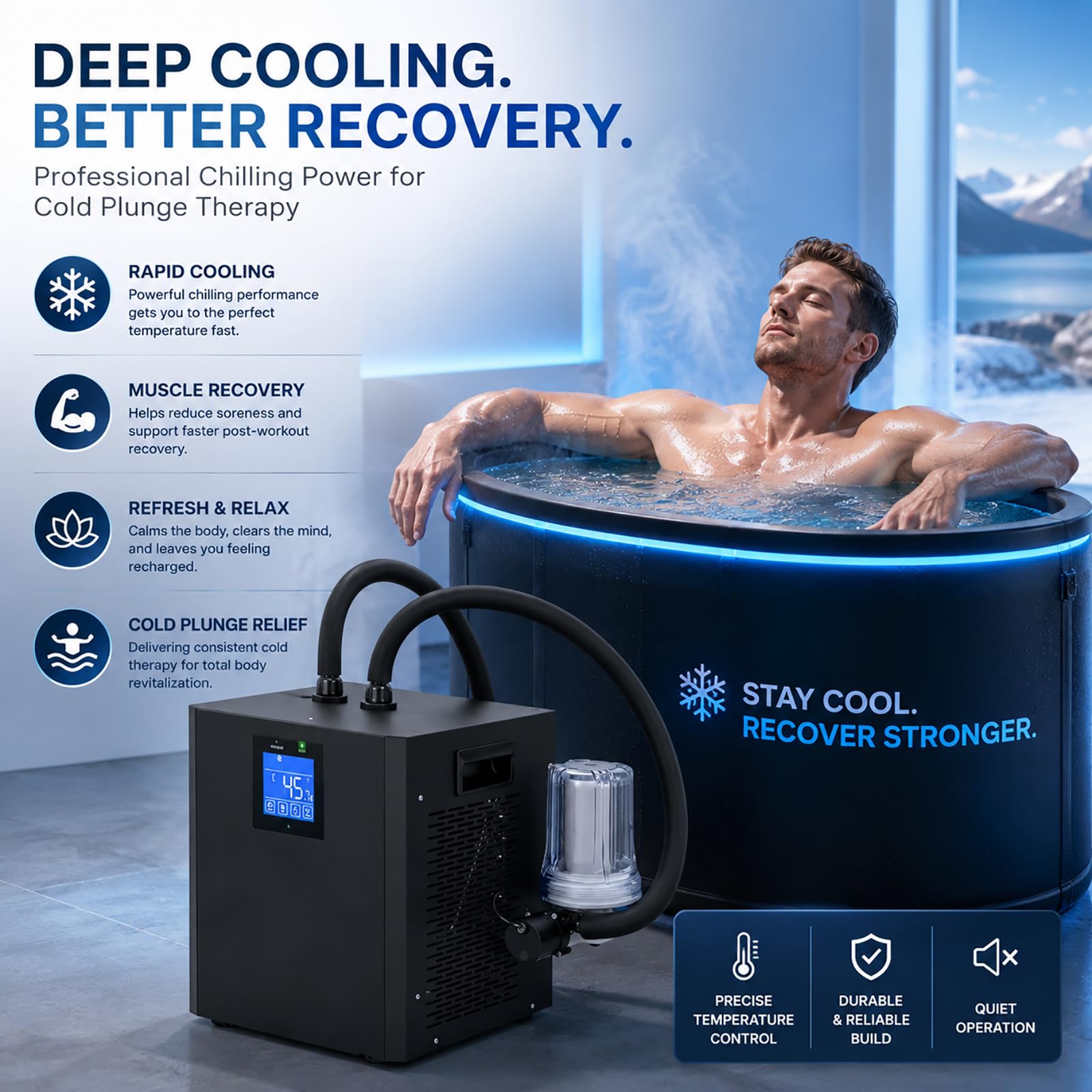 Sistema de enfriamiento de bañera fría, sistema de refrigeración de agua de alta potencia de 1/3 hp con bomba integrada, filtro externo y mangueras aisladas para baños de hielo