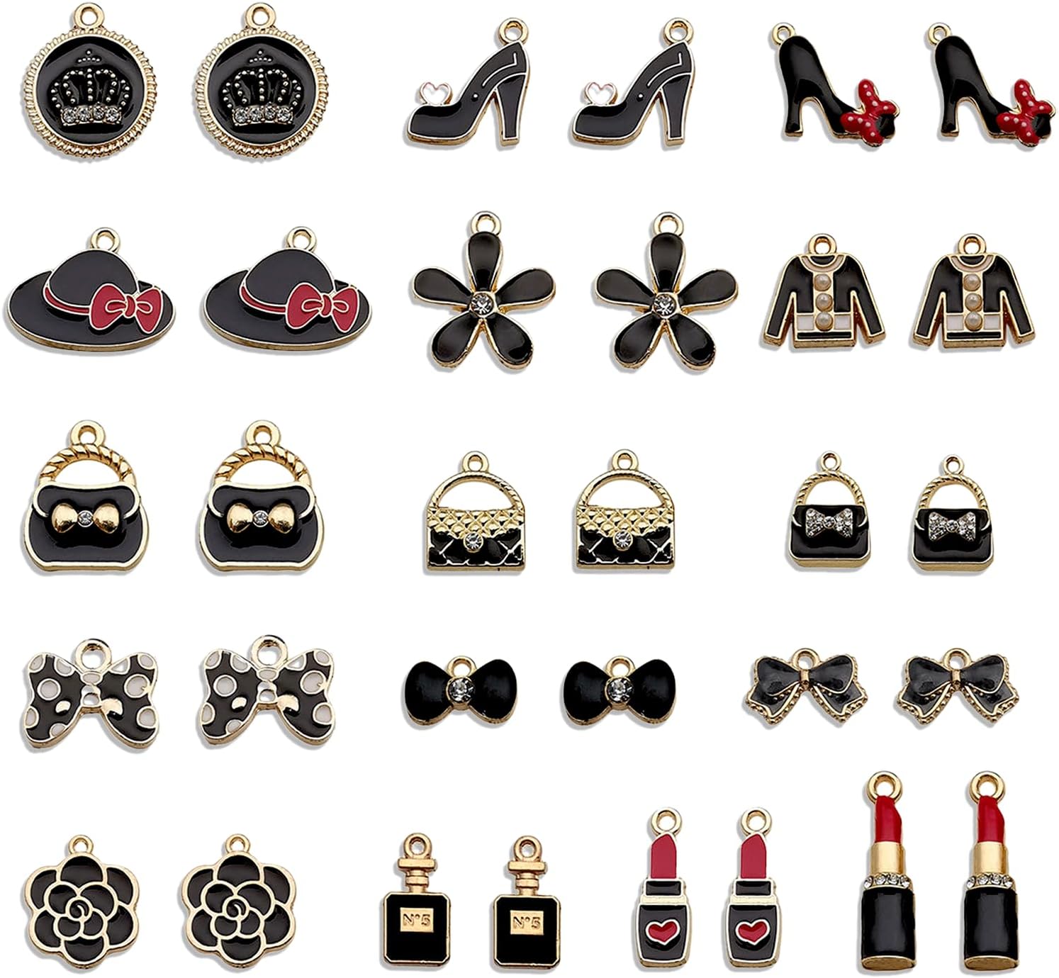 32PCS Black Makeup Enamel Alloy Pendants, Lipstick High Heels Purse Bow Hat Shaped Alloy Pendant, Rhinestone Pendants Charms for Jewelry Making Bracelets Necklaces Earring Keychain DIY Craft Findings