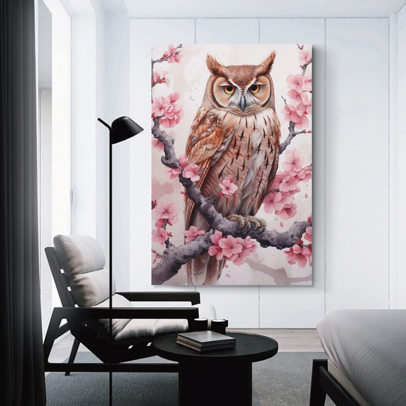 Junmoney Unframe-Style-12 Cherry Blossom Owl Bird Room Decor Wall Art 20X30inch(50X75cm), For Lounge Decor, Offices Or Entryway Styling, A Flexible Wall Accent For Shared Spaces