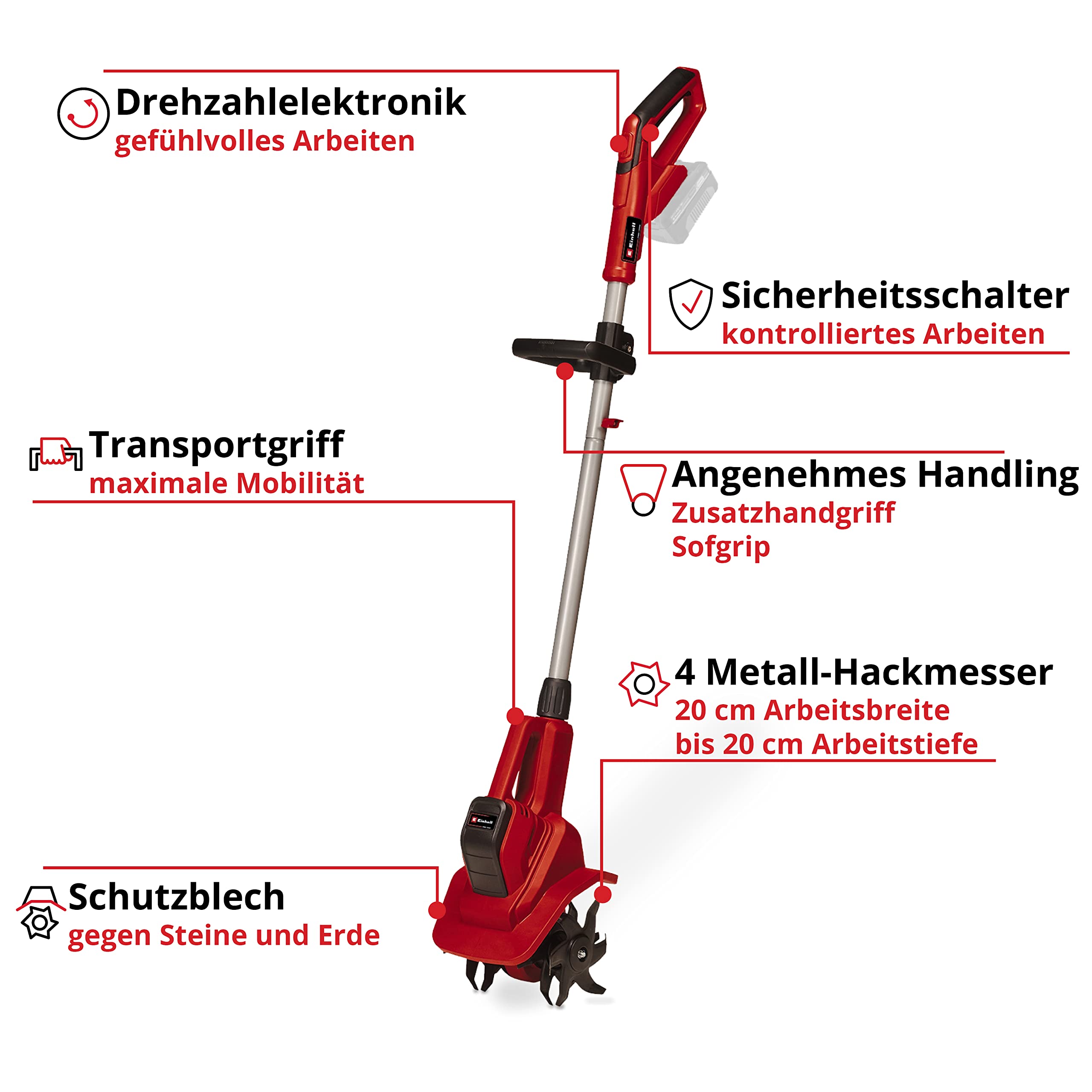 Einhell Akku-Bodenhacke GE-CR 18/20 Li E Power X-Change (18 V, Li-Ion, elektronische Drehzahlregulierung, 4 Hackmesser, Zusatzhandgriff, inkl. 4,0 Ah Akku und Ladegerät)