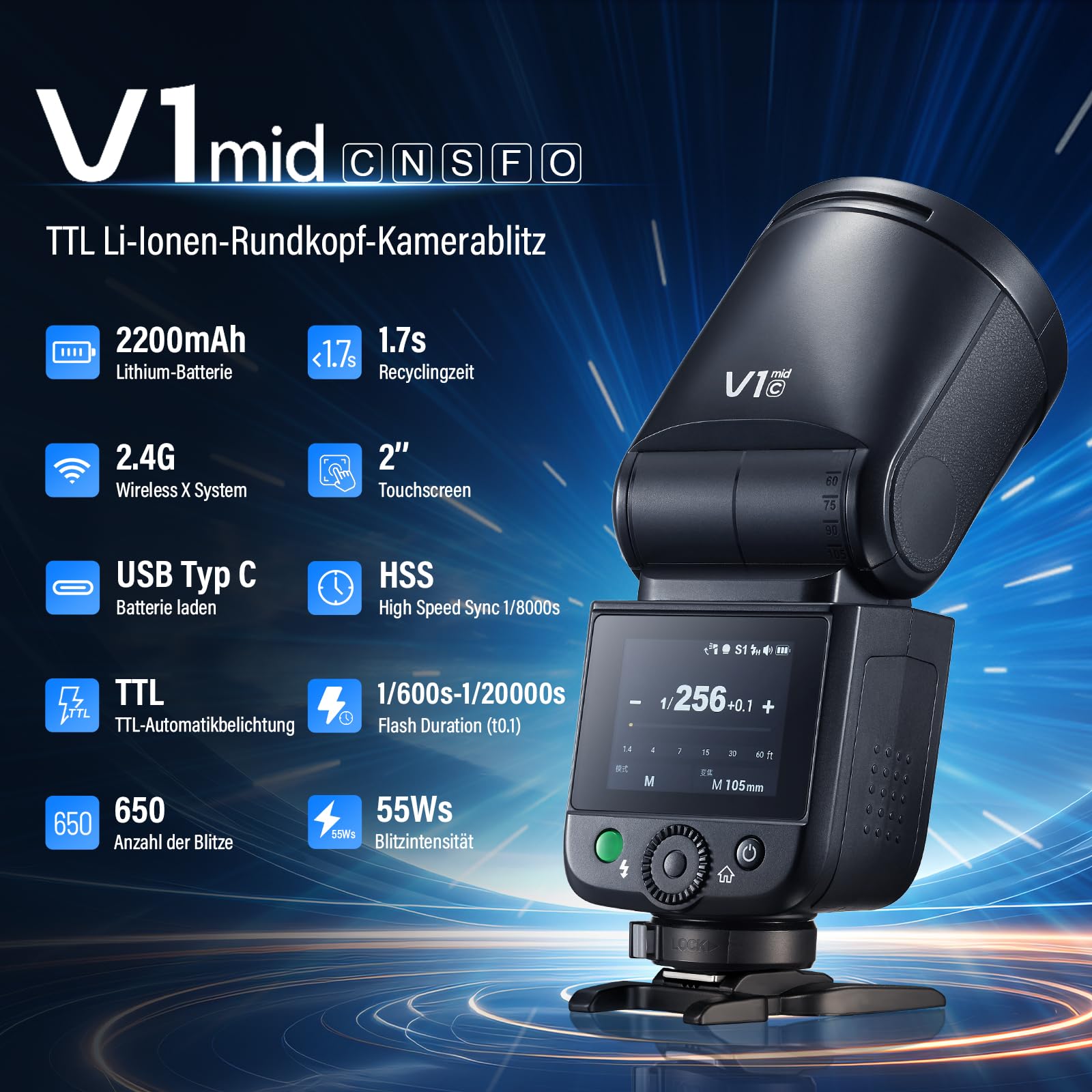Godox V1 Mid C Flash Fotocamera 55Ws Speedlite Testa Rotonda TTL 2,4G HSS 1/8000s USB-C Compatibile Canon EOS R5 R8