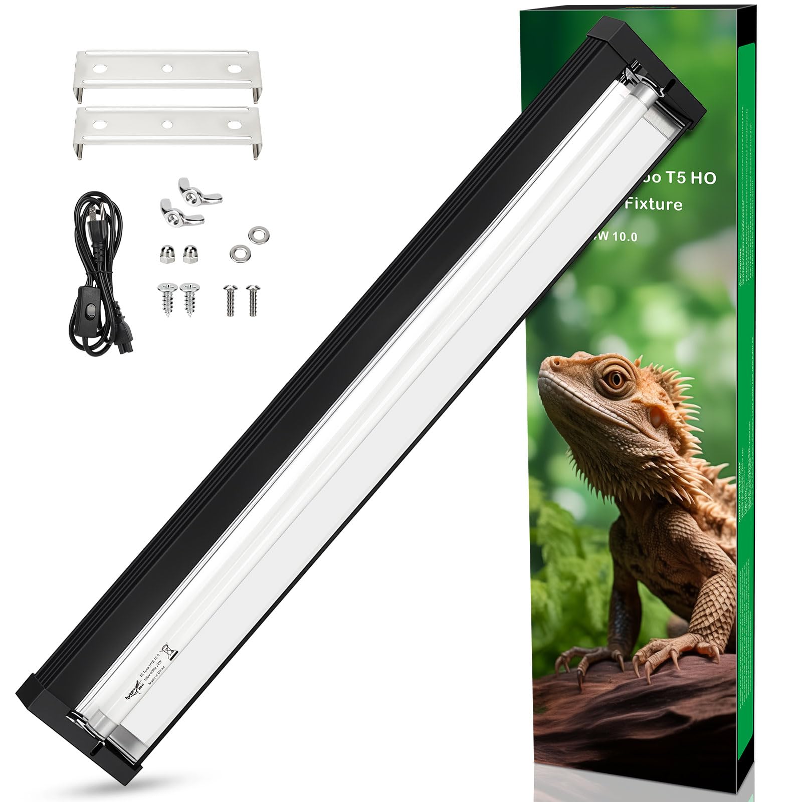 T5 UVB Reptile Light Fixture Upgrade Square HO UVB Bulb Lighting Combo Kit 10.0 UVB Light for Reptiles Terrarium Fluorescent 24W Reptile Light Bar UVA UVB Desert Lamp for Bearded Dragon Turtle Tank