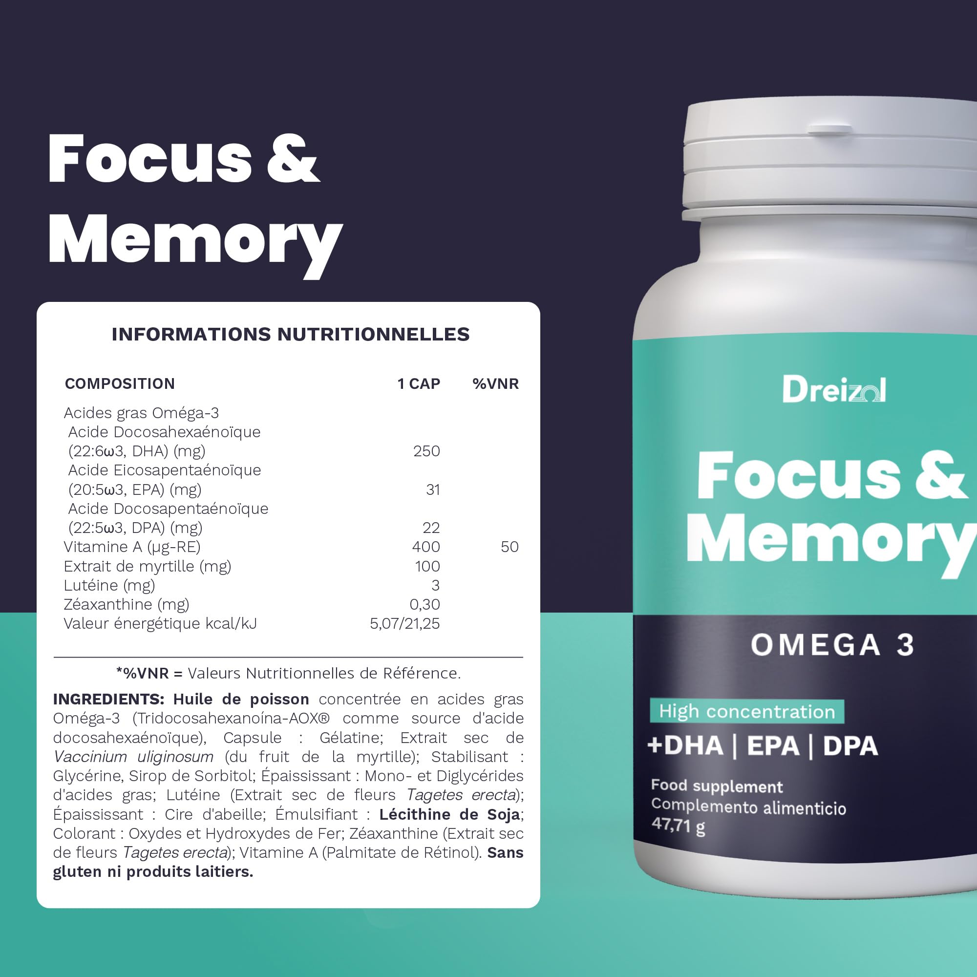 by Brudy Lab Focus & Memory – Nootropique Concentré - Oméga 3 riche en DHA, EPA et DPA - Vitamine A, lutéine et zéaxanthine - Aide à la mémoire et la concentration - Sans caféine - 60 Capsules
