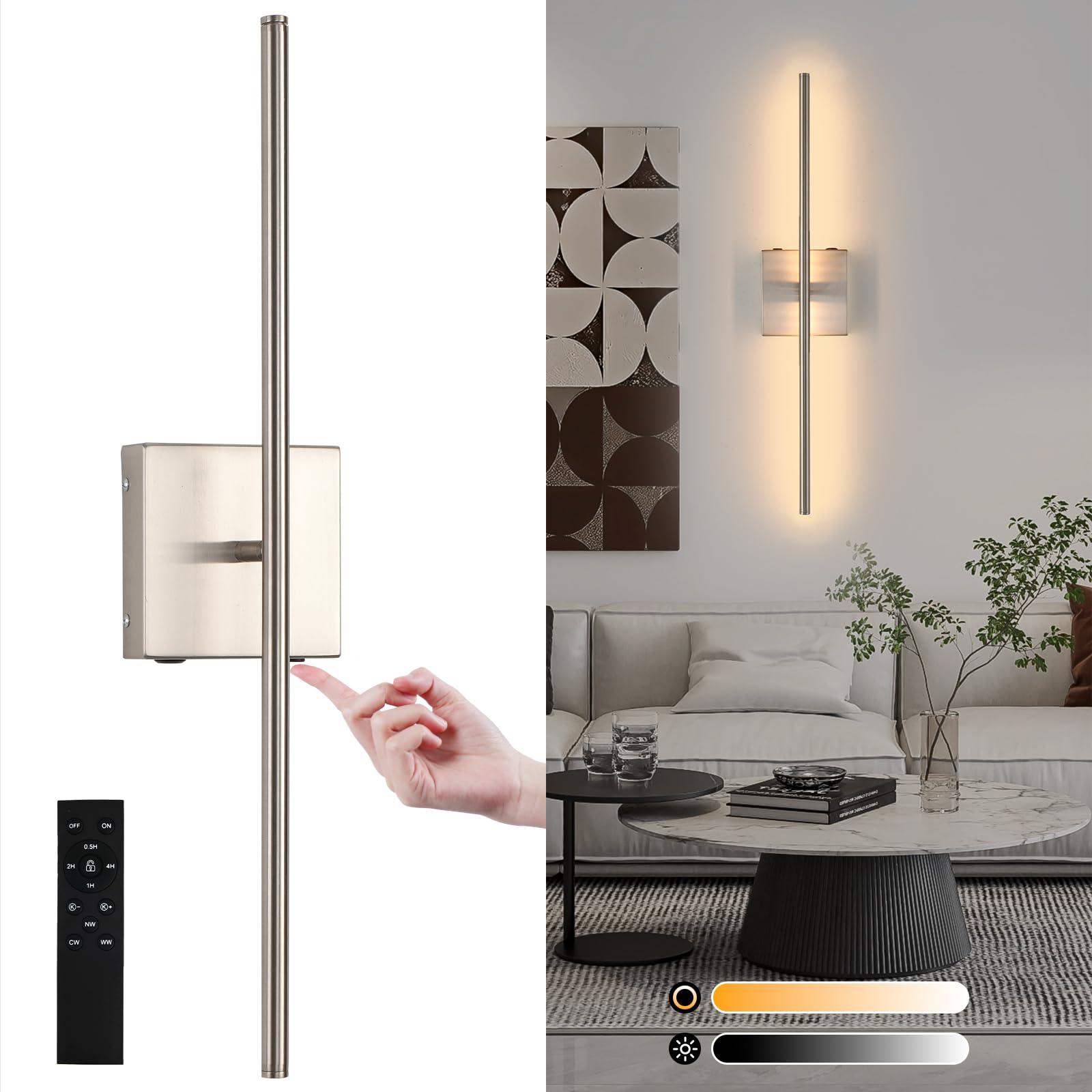 Battery Operated Wall Sconces, Modern Brushed Nickel Rechargeable Wall Sconce with Remote Control, 3000K-6000K Dimmable LED Wireless Wall Light for Living Room Bedroom Hallway 23.6 Inchs(1 Pack)