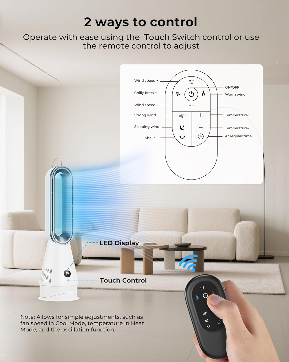 2-in-1 Bladeless Heater and Cooler Fan - 1600W Quiet Space Heaters & 8 Speeds Tower Fans with Remote, 80° Oscillation, 9H Timer, Touch Switch, Anti-Tipping Protection for Indoor Home Office