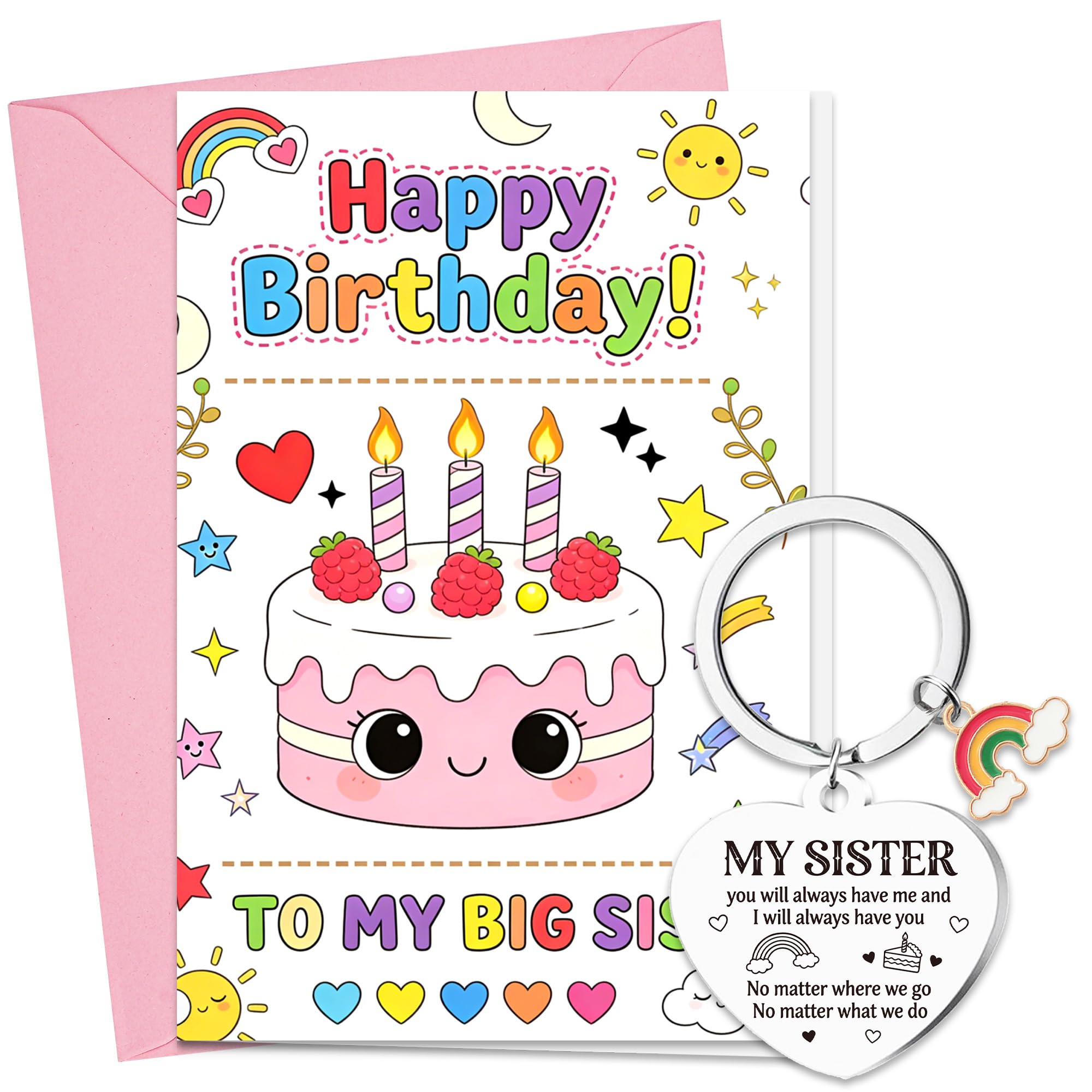 Sister Birthday Greeting Card Gifts with Heart Keyring and Envelope