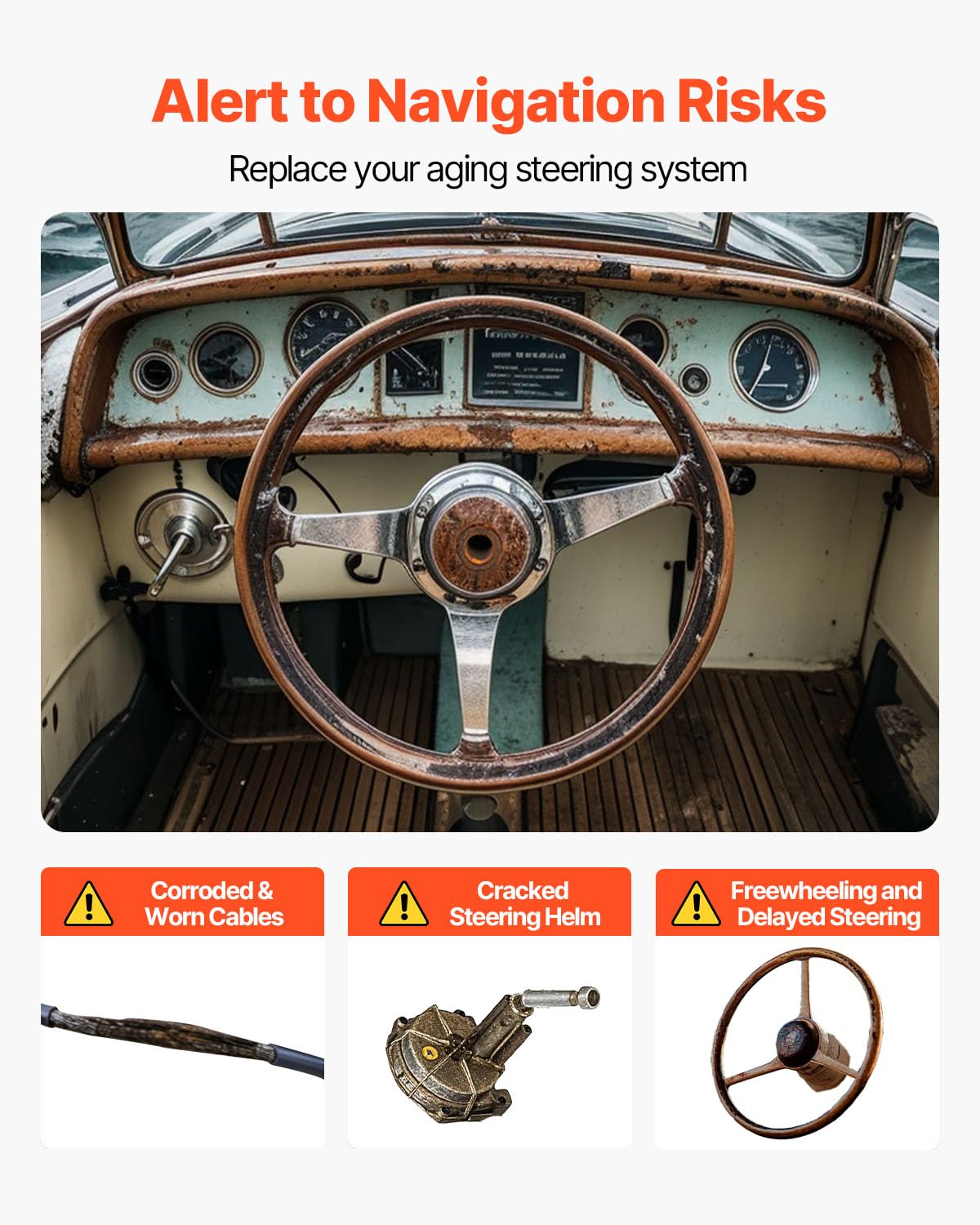 VEVOR Kit timoneria idraulica fuoribordo con cavo SS13712 da 3,36 m e volante da 13,5", sistema di timoneria idraulica marina, connessione rapida, accessori per imbarcazioni da viaggio