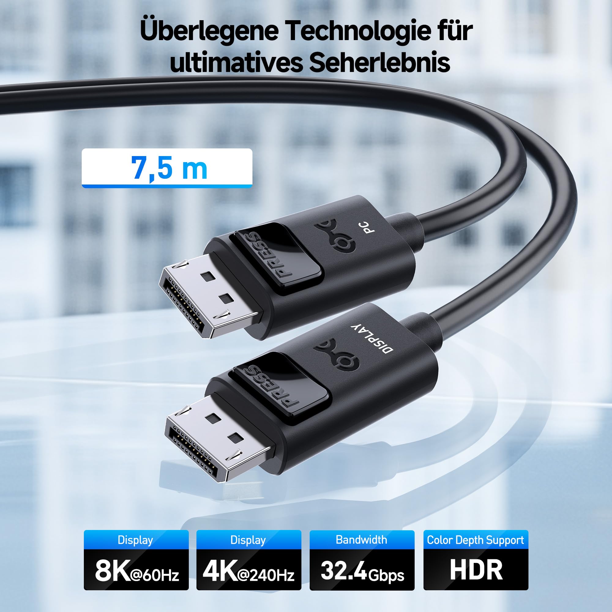 Cable Matters aktives DisplayPort 1.4 Kabel, unidirektional, 7,5m | 8K@60Hz, 4K@144Hz, HDR, Gaming-Monitor, PC, RTX/RX-GPUs und DisplayPort-Monitorkabel