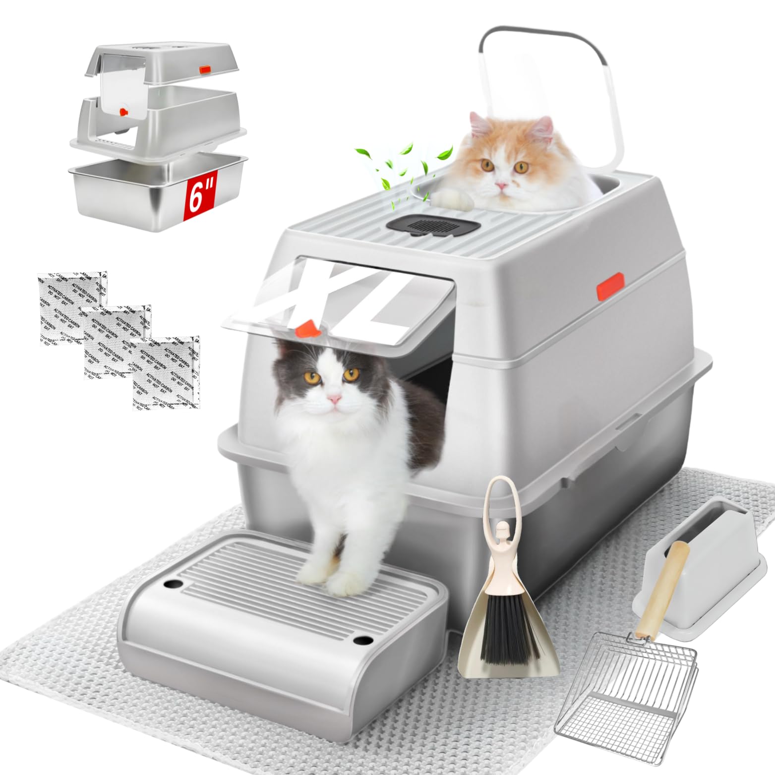 XL Stainless Steel Litter Box with Lid, Fully Enclosed 6" Deep Metal Cat Litter Box, Leak-Proof, Clumping Litter for Large, Multi-Cats, with Litter Mat, Scooper & Brush (6" Light Gray XL)