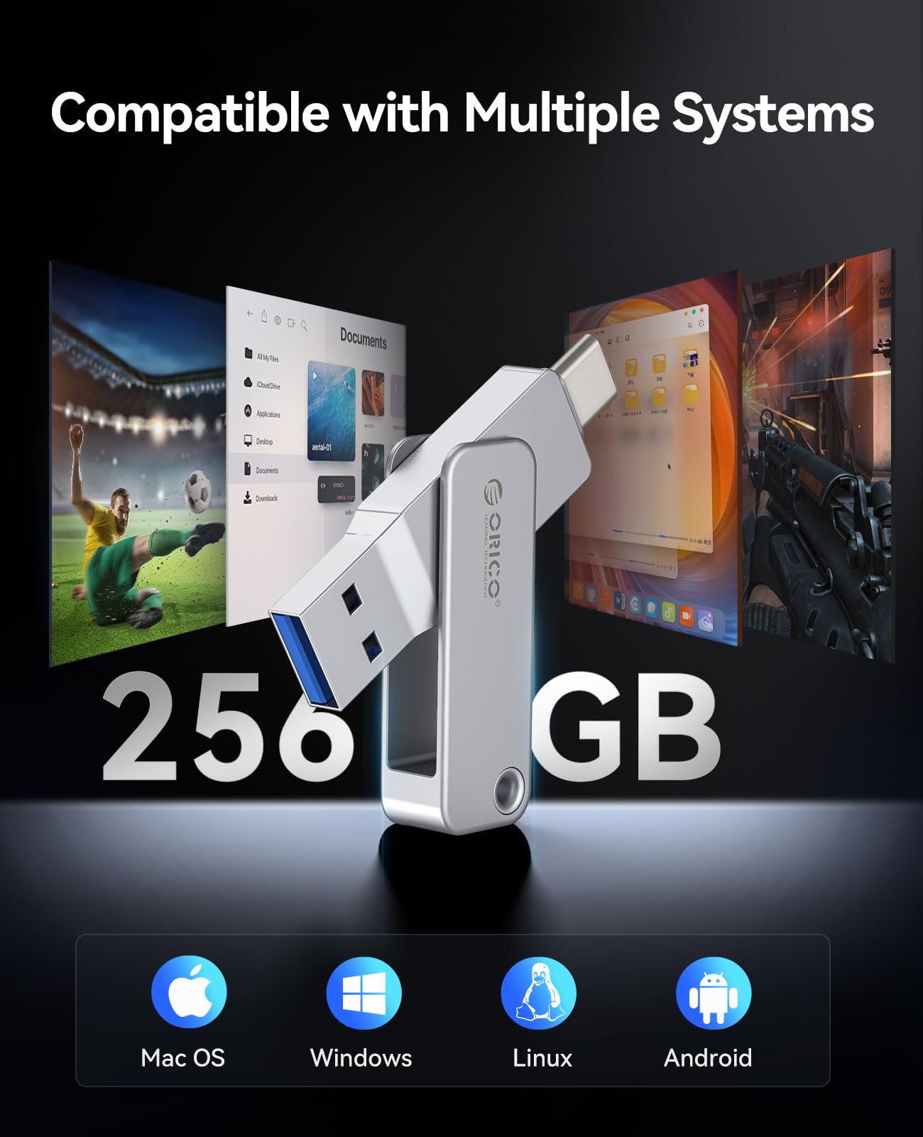 ORICO Pamięć USB 256 GB USB 3.2 Gen 1 Dual USB-C i USB-A Mini Flash Drive, przenośna pamięć masowa, prędkość odczytu 150 MB/s do iPhone 16, Android, tabletów, laptopów, Mac, Windows Plug and Play