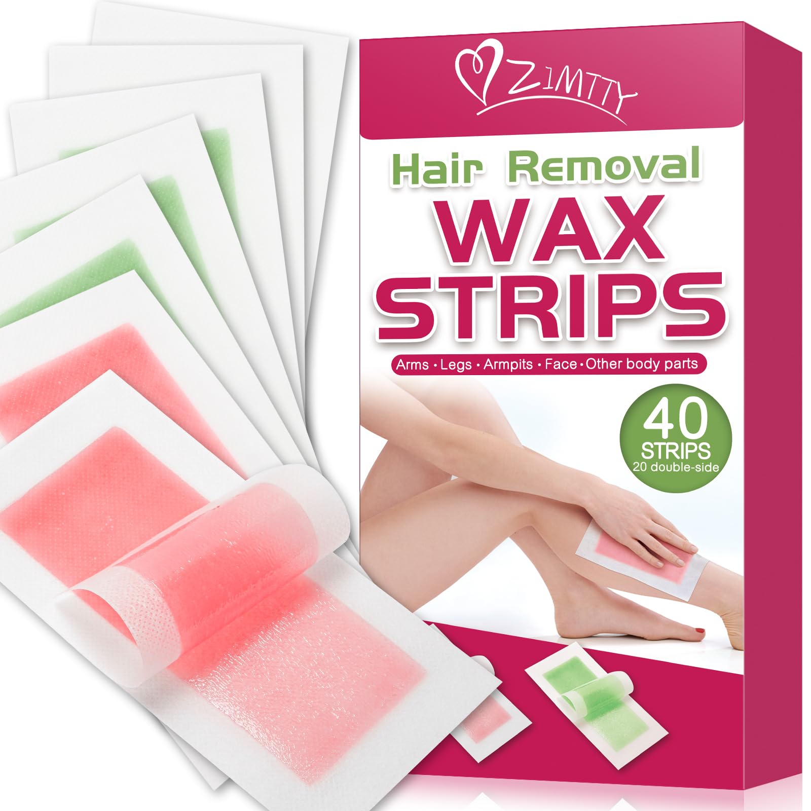 Zimtty Wax Strips 40 Count, Wax Strips for Hair Removal for Women & Men, Waxing Strips Double Sides- Face, Legs, Arms, Armpits, Bikini Area, Eyebrow, Brazilian Waxing Kit (Large)