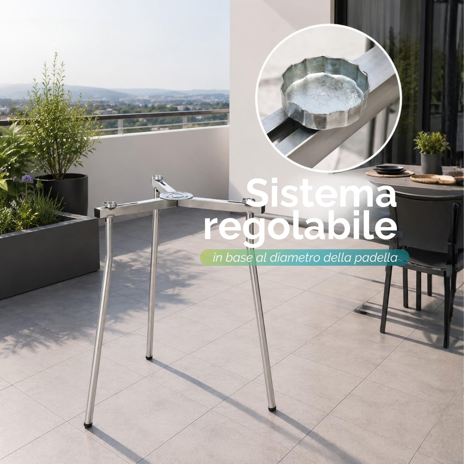 PALUPLUS Set Paellera Composto da: Cavalletto Treppiede Regolabile, Padella Paella da 46 cm, Bruciatore a Gas da 40 cm a 2 Fuochi e Regolatore di Pressione, per Cene ed Eventi