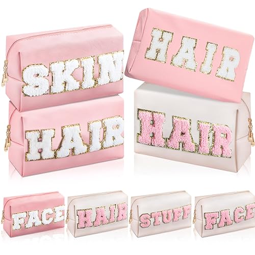 8 bolsas de maquillaje preparadas con letras de chenilla, organizador de maquillaje cosmético, bolsa portátil de piel sintética, bolsa de cosméticos