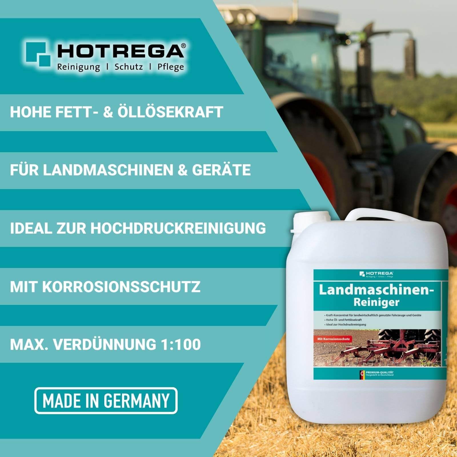 HOTREGA Maschinenreiniger Landmaschinen 10 L | Konzentrat mit Rostschutz | Kaltreiniger gegen Öl & Fett | Ideal für Traktoren + Mähdrescher | Hochdruckreiniger-tauglich | Sparsame 1:100 Verdünnung