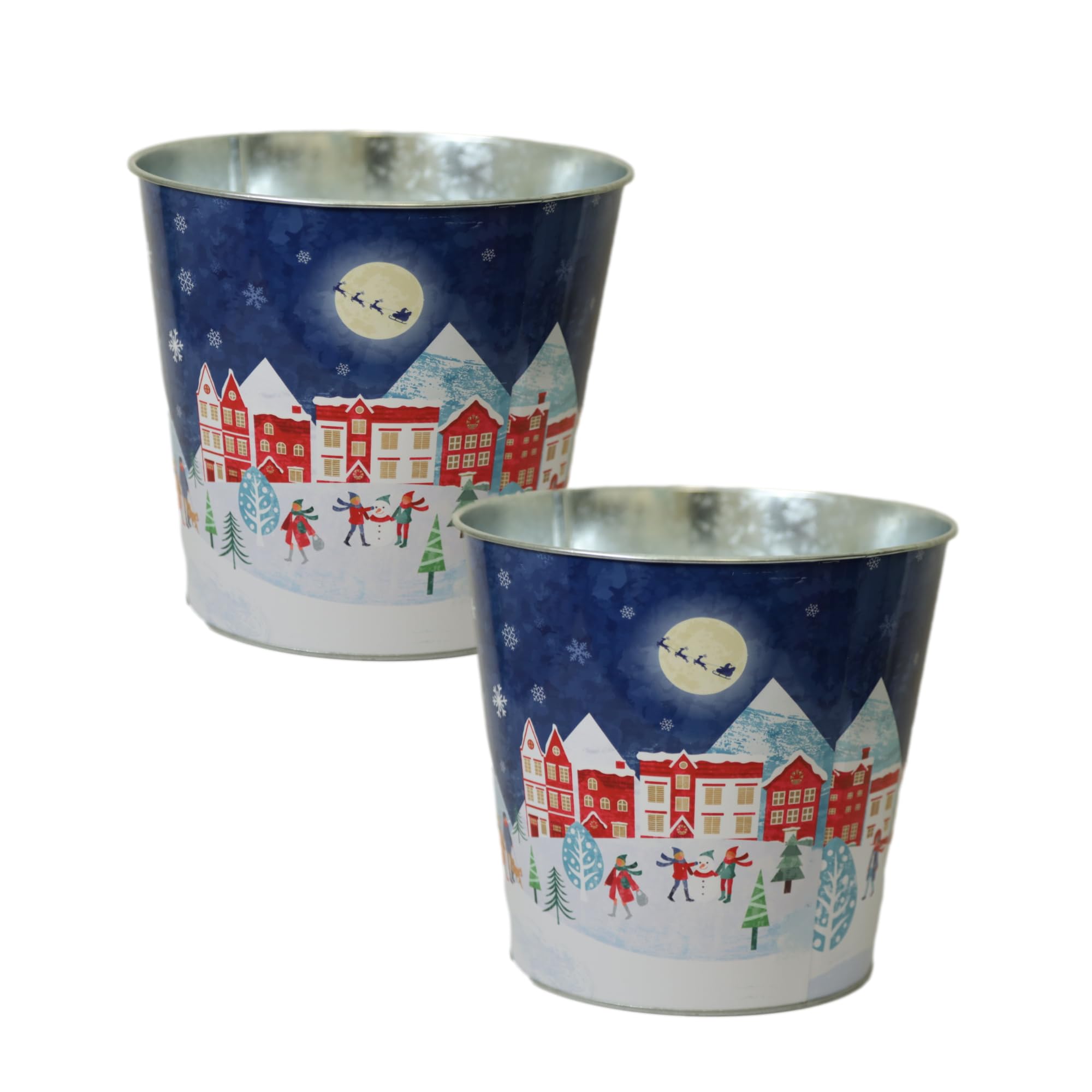 Fyne-Finds Blue Zinc Plant Pot Christmas Village Scene Planter 23Cm,9Inch Winter Town Design Festive Plant Pot Indoor Outdoor Garden Xmas Decor (2)