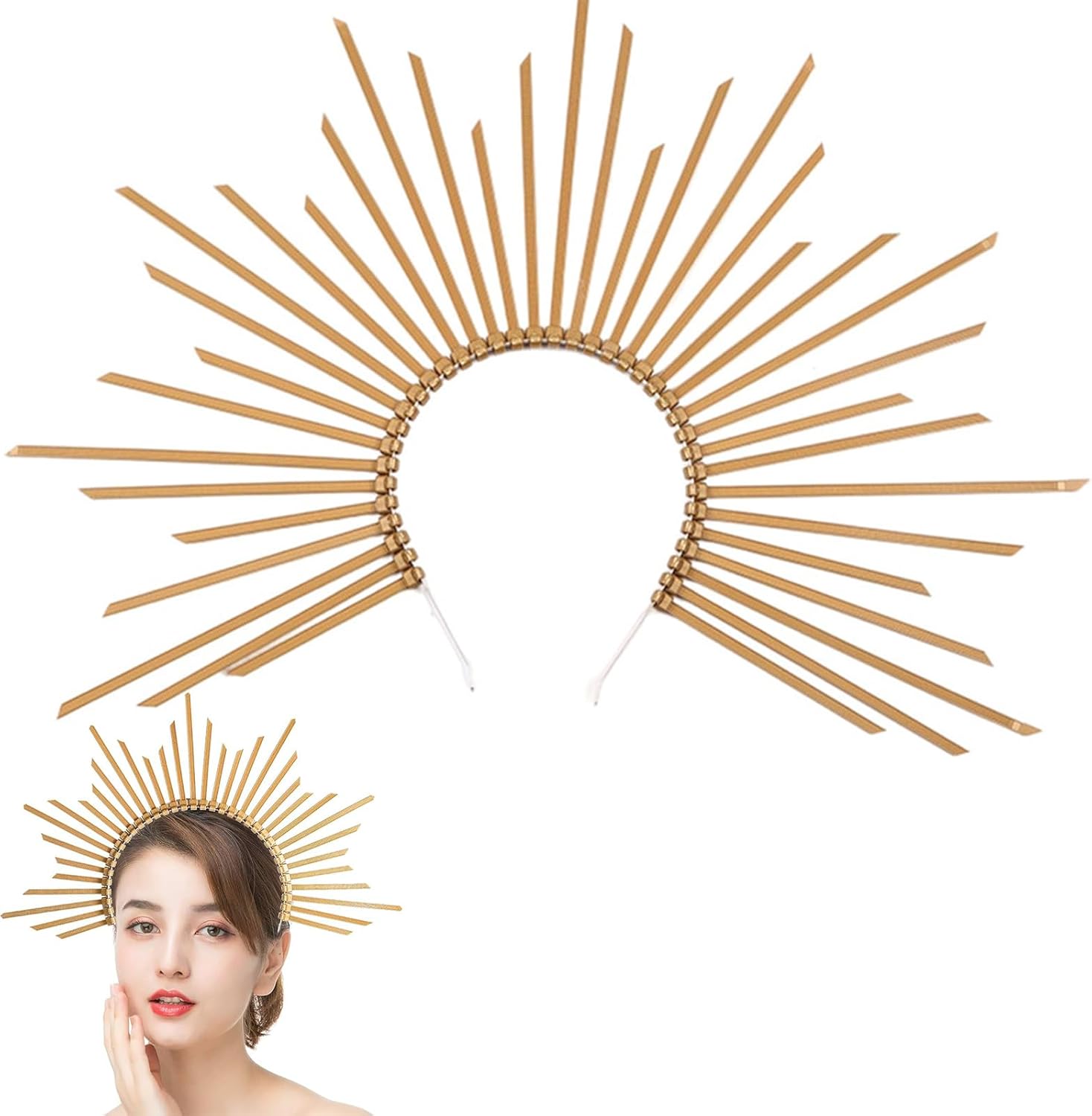 Halloween Mary Halo Spike Crown Headband Gold Sunburst Spike Crown for Women Girls, Mary Goddess Gold Crown Gothic Headband for Halloween Cosplay Costume Headdress