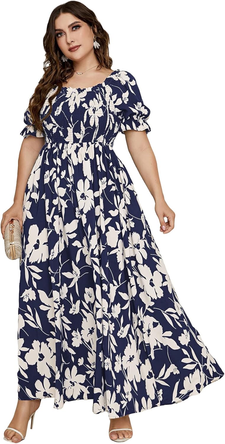MakeMeChic Women's Plus Size Boho Floral Maxi Dress Curvy Short Sleeve Shirred Squared Neck Flomal Long Dress