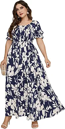 MakeMeChic Women's Plus Size Boho Casual Dress Floral Short Sleeve Shirred Square Neck Maxi Flomal Dress