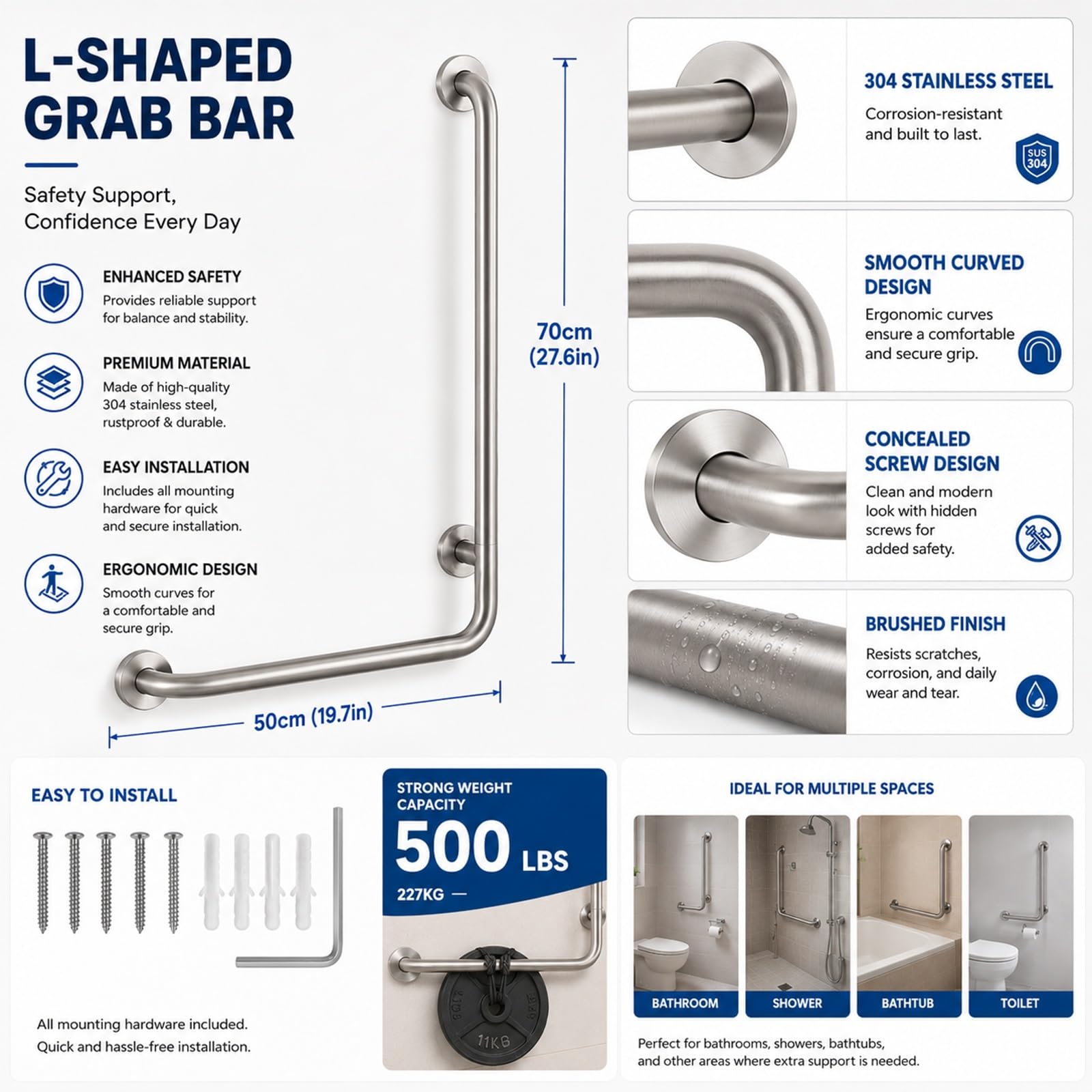 Barras De Agarre para Ducha, Barras De Seguridad ADA De Acero Inoxidable 304 para Bañeras, Duchas Y Sanitarios; Asa Texturizada para Personas Mayores(70 * 70cm)