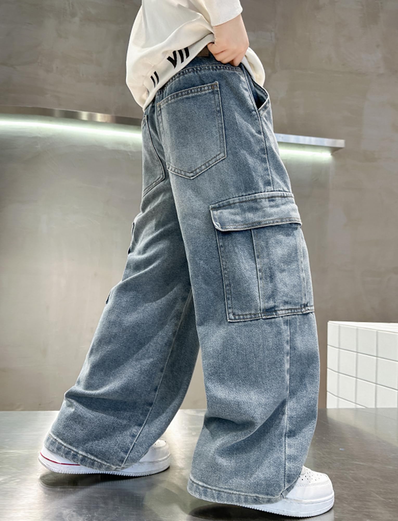 Happy Cherry - Baggy Jeans chłopięce szerokie spodnie dżinsowe chłopięce Y2K Streetwear Spodnie dziecięce Nastolatek Hip Hop Streetwear Casual na lato Wiosna Jesień Zima - 110-164