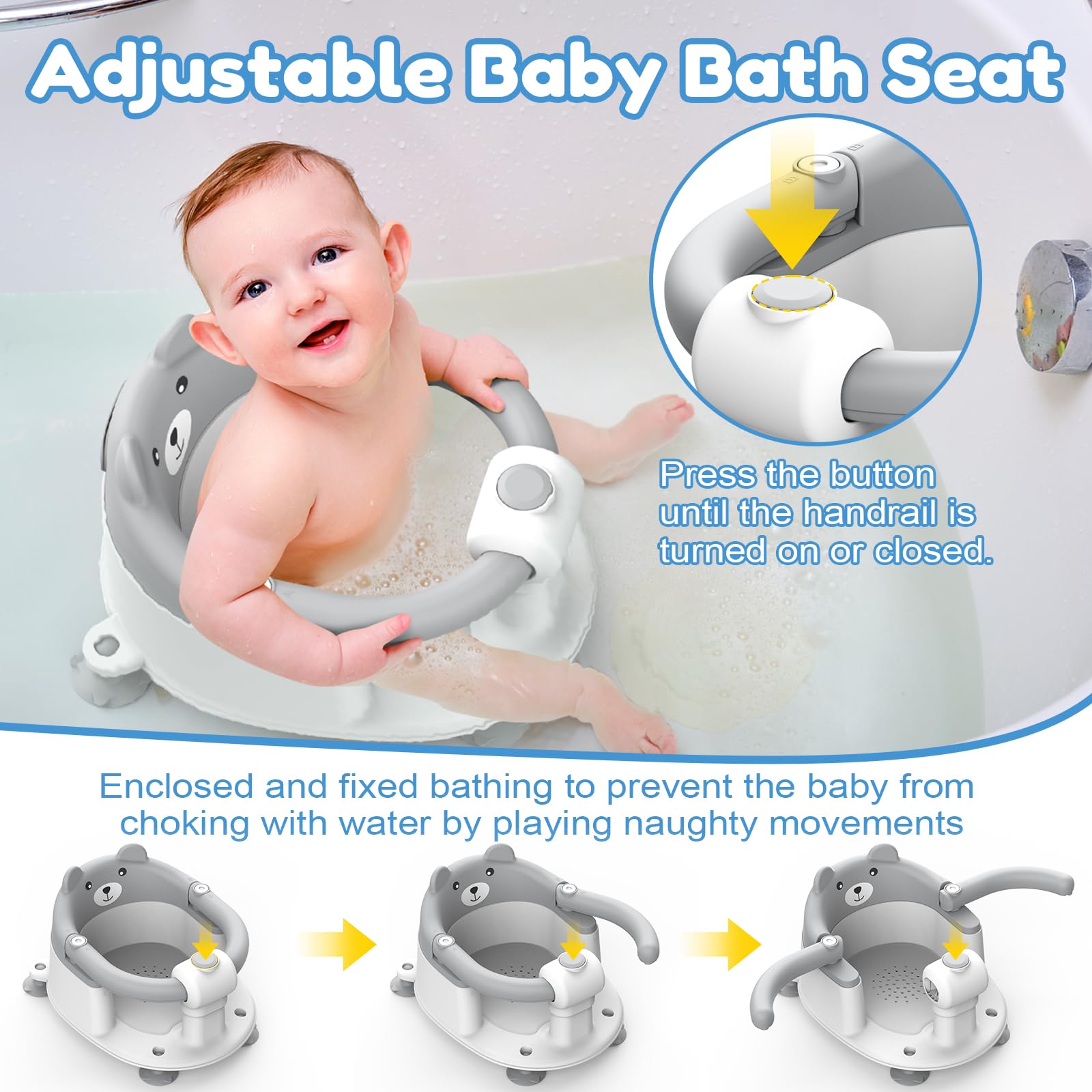 Baby SièGe Bain Ergonomique, SièGe de Bain Pour BéBé à Partir de 6 Mois, Baignoires Portables Avec 4 Ventouses Les Tout-Petits et Les Nouveau-NéS, Ours - Design (Gris)