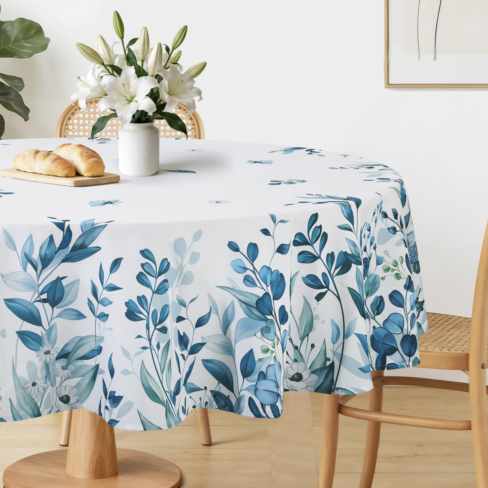hometrixx Tischdecke Rund 140 cm Frühling Sommer Blätter Blumen Garten Blau
