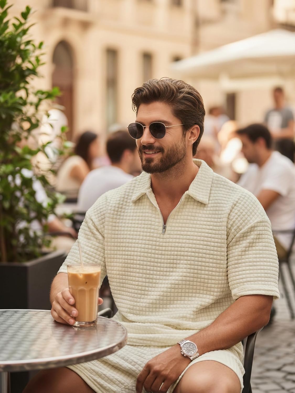 JMIERR Men's 2 Piece Waffle Knit Outfit Half Zip Polo Shirt and Shorts Textured Summer Set - Image 7