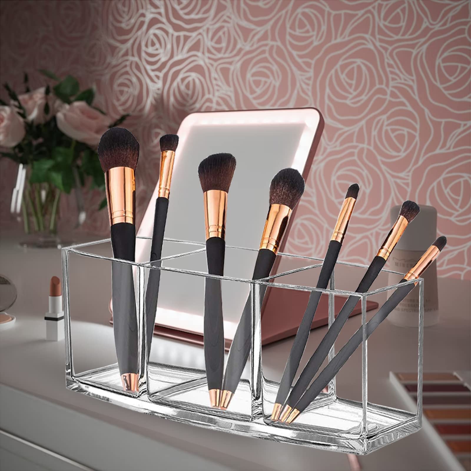 Boîte De Rangement Maquillage Transparente + Sac - 3 Compartiments, Pour Pinceaux, Cosmétiques, Accessoires