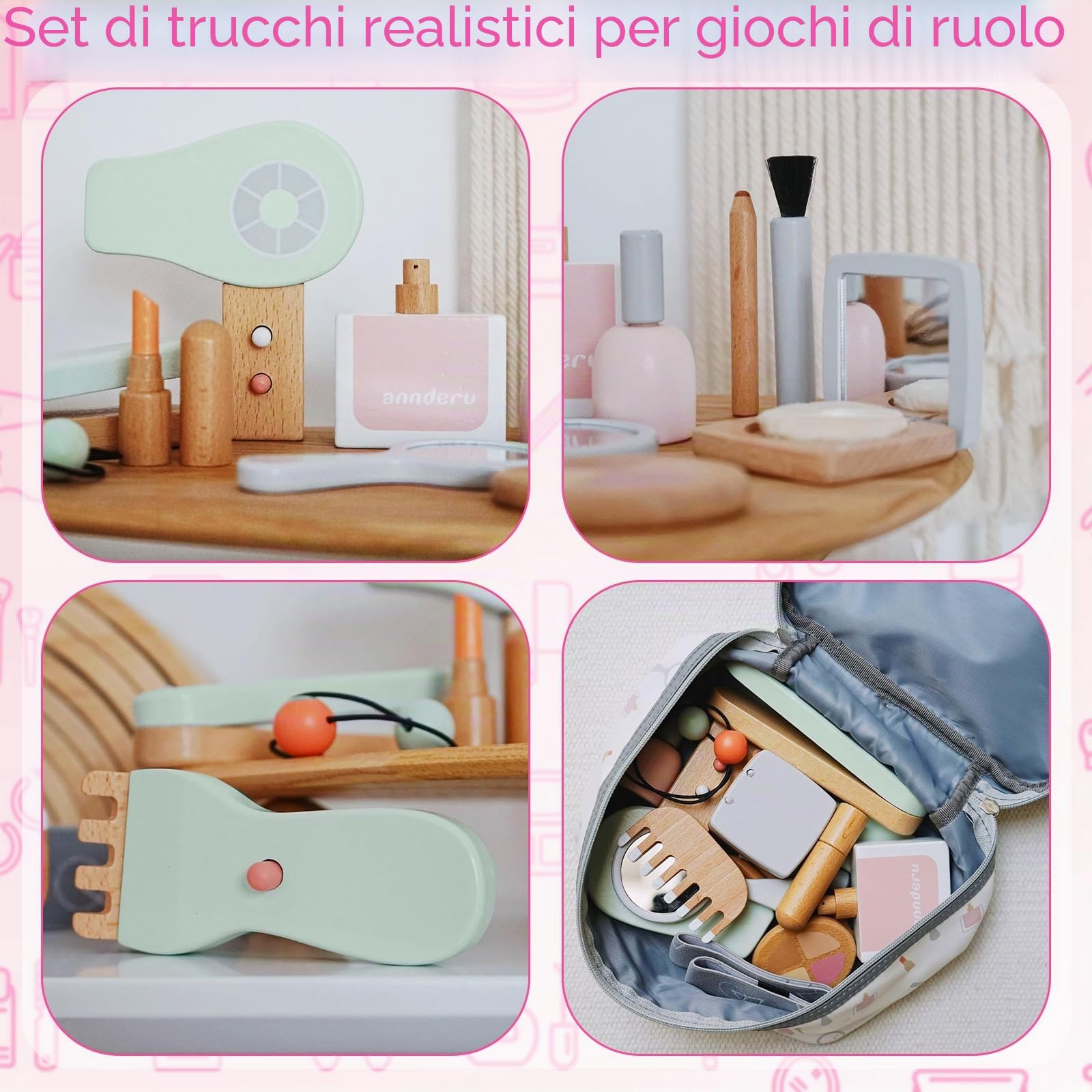 Gerbala Set Trucchi Bambina in Legno Finti, Giocattoli di Trucco in Legno, Set di Trucchi e Parrucchiere, Giochi di Ruolo, Regalo di Compleanno di Natale per 3 4 5 6 7 8 Bambina