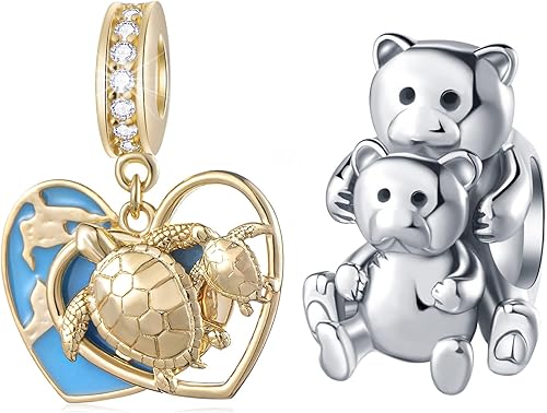GEMDAZZ Juego de dijes chapados en oro de plata de ley 925 con diseño de tortuga y oso de peluche, regalo para el día de la madre para niñosmamás,