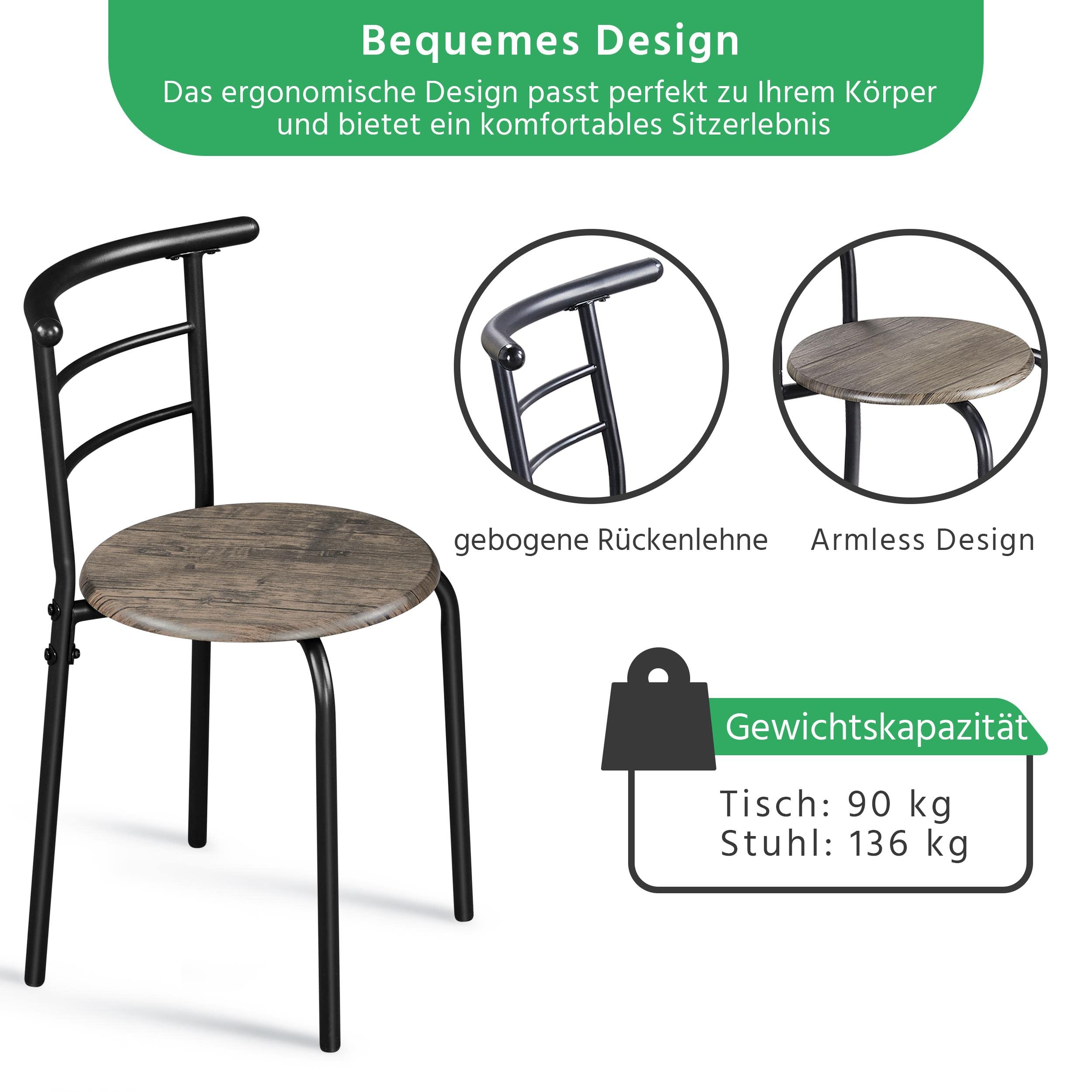 Yaheetech Essgruppe für 2 Personen, 1 Esstisch mit 2 Stühle, Küchentisch mit Ablagefach, Stahlgestell Tischgruppe für Küche, Wohnzimmer, Balkon, Restaurant, 80 x 53 x 75,5 cm, Drift Braun