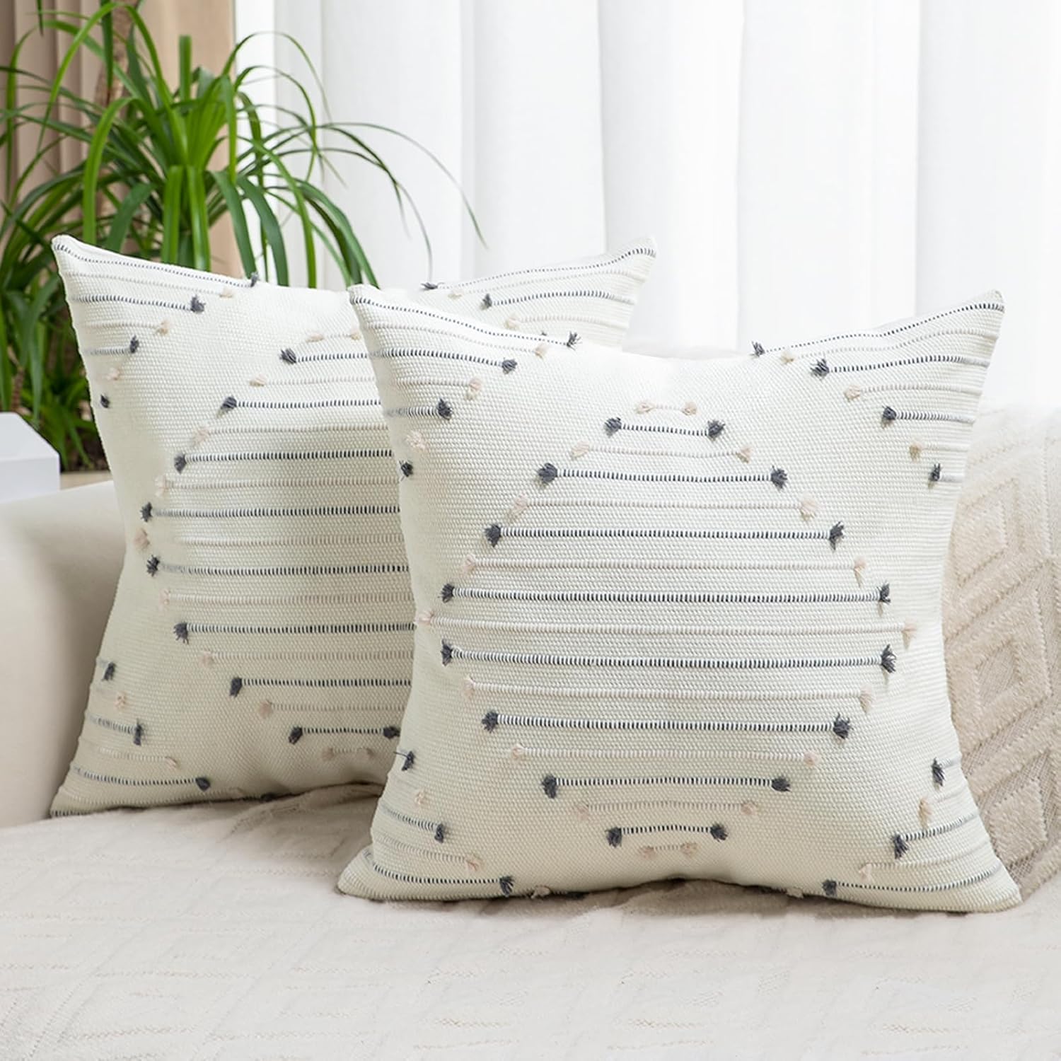 LILEPOY Boho Throw Pillow Covers 20x20 Set of 2 Decorative Pillow Cover Farmhouse Square Pillowcase Modern Soft Textured Pillow Cases Neutral Striped Pillow Covers for Couch Sofa Bed, Beige Grey