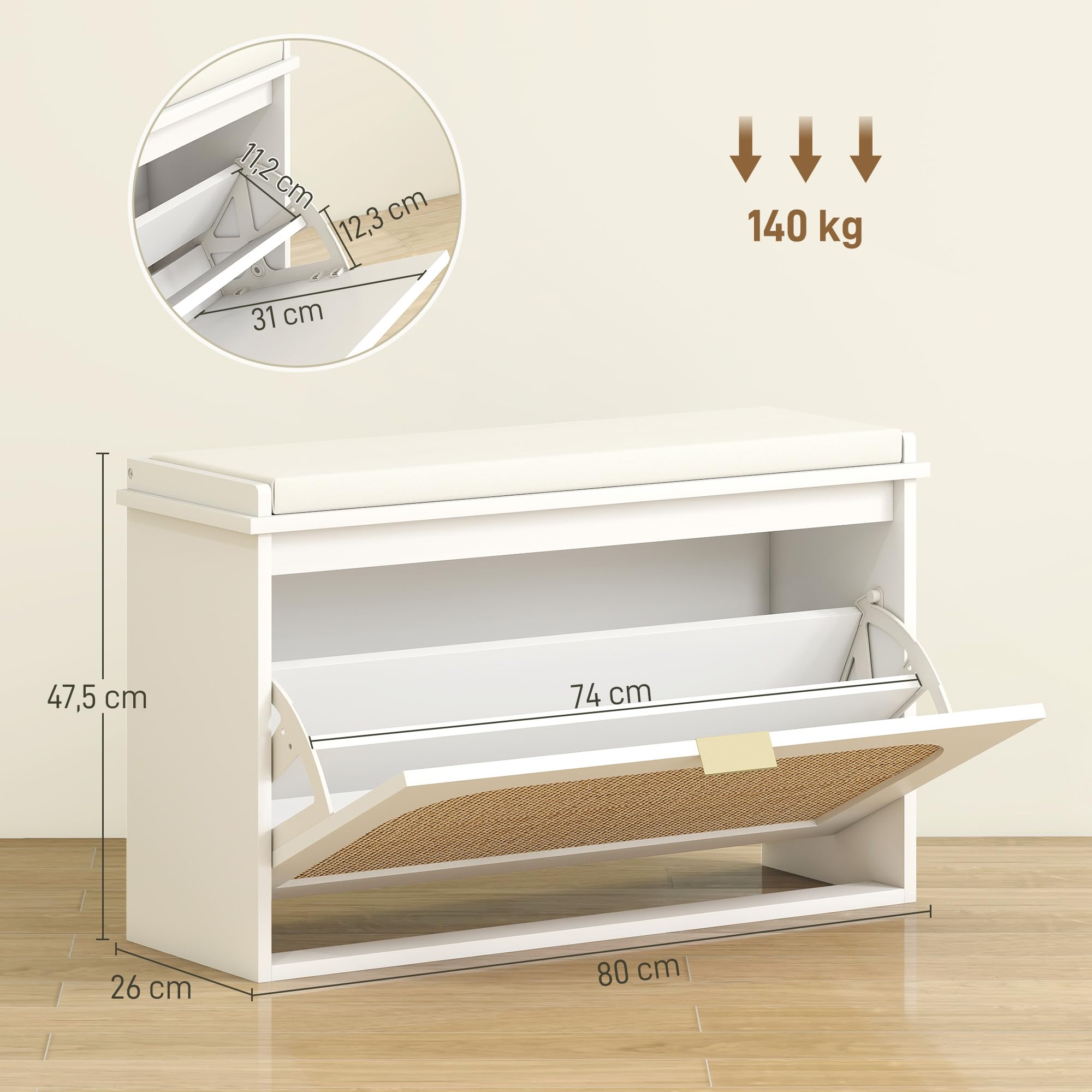 HOMCOM Banco Zapatero Boho con Asiento Acolchado 80x26x47,5 cm Blanco | Banco Recibidor Estrecho, Puerta de Ratán, Cajón Abatible, Estante Ajustable, para 8 Pares de Zapatos