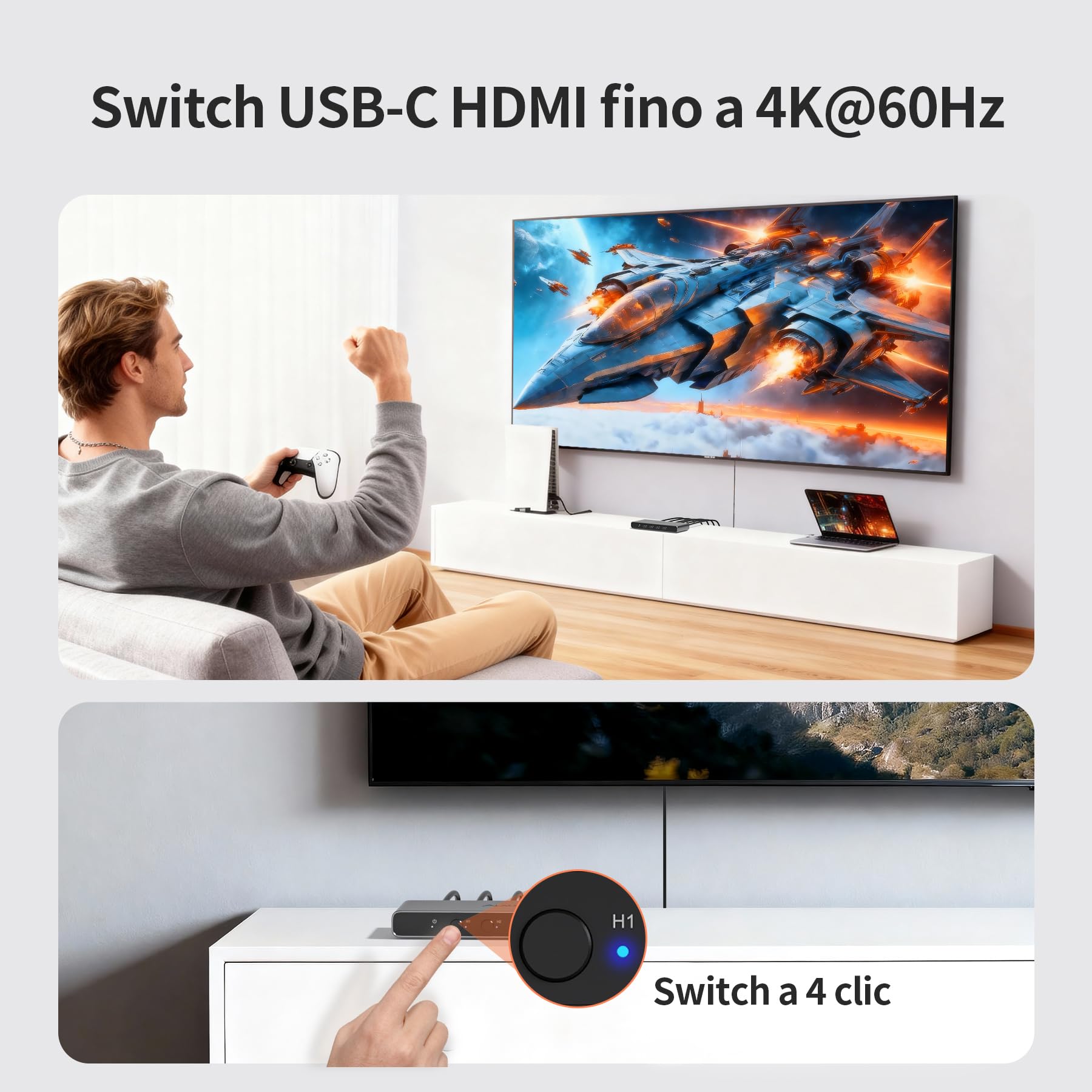 Alxum Switch 4 Ingressi 1 Uscita HDMI - Uscita 4K@60Hz con 2 Porte HDMI e 2 Porte Type-C, Compatibile con PC, PS5, iPad, Telefono, Box TV e Stick TV