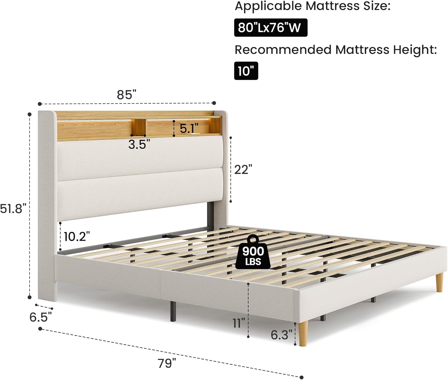 King Bed Frame with 51.8" Wingback Bookcase Storage Shelf Headboard, Cream Beige Upholstered Platform Bed with Charging Station (Type-C) & LED Lights, Heavy Duty Support, Luxury Master Suite